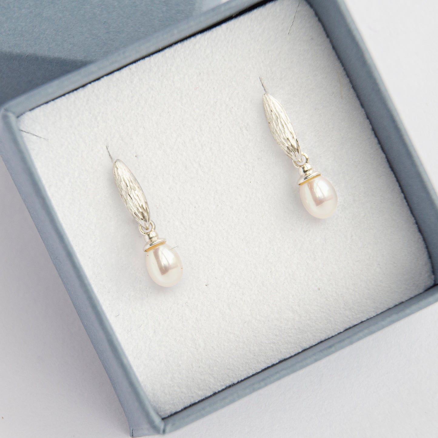 Silver Drop Rectangle Earrings With Peacock Pearls