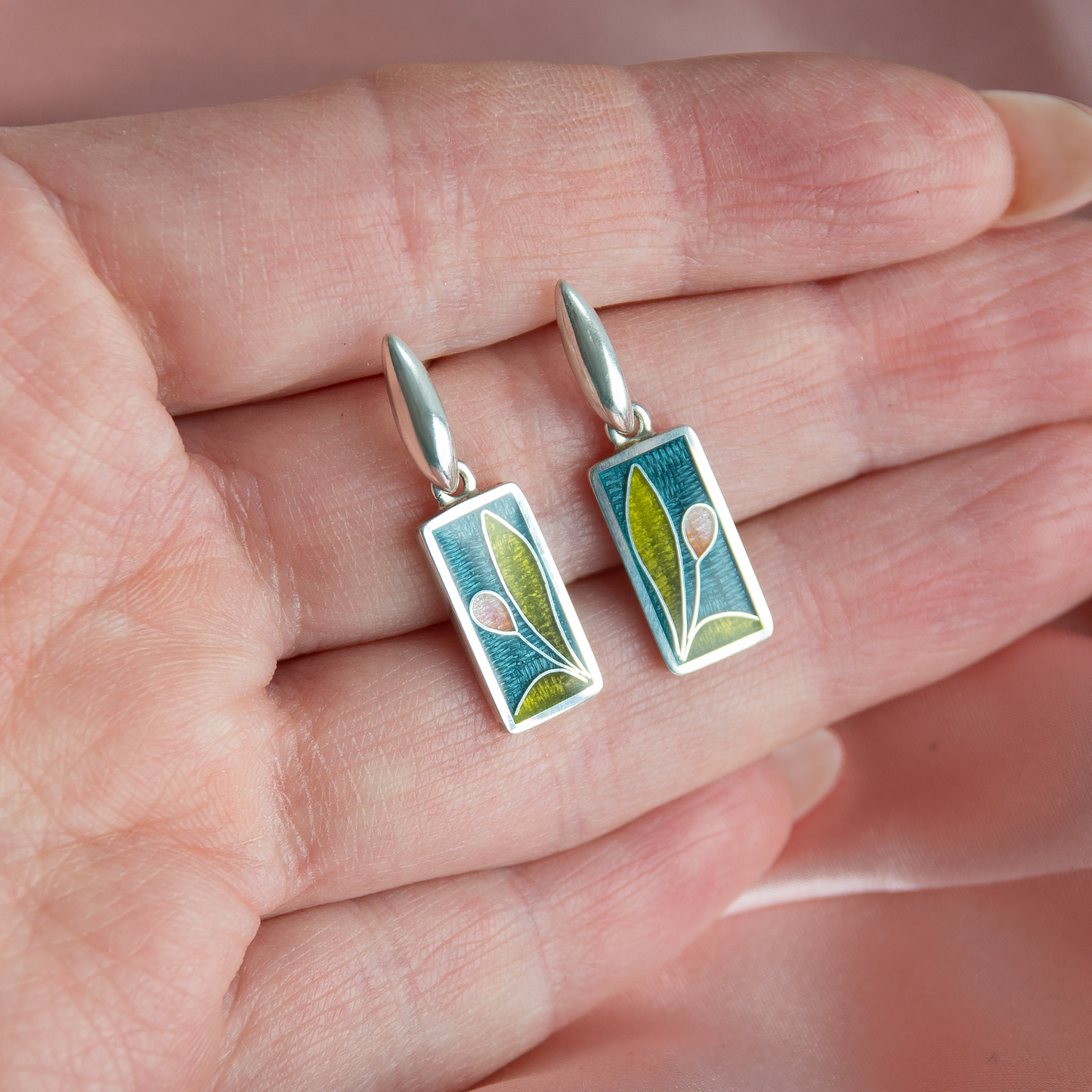 Romantic Cloisonné Enamel, Silver and Rose Pearl Earrings "Tulips"