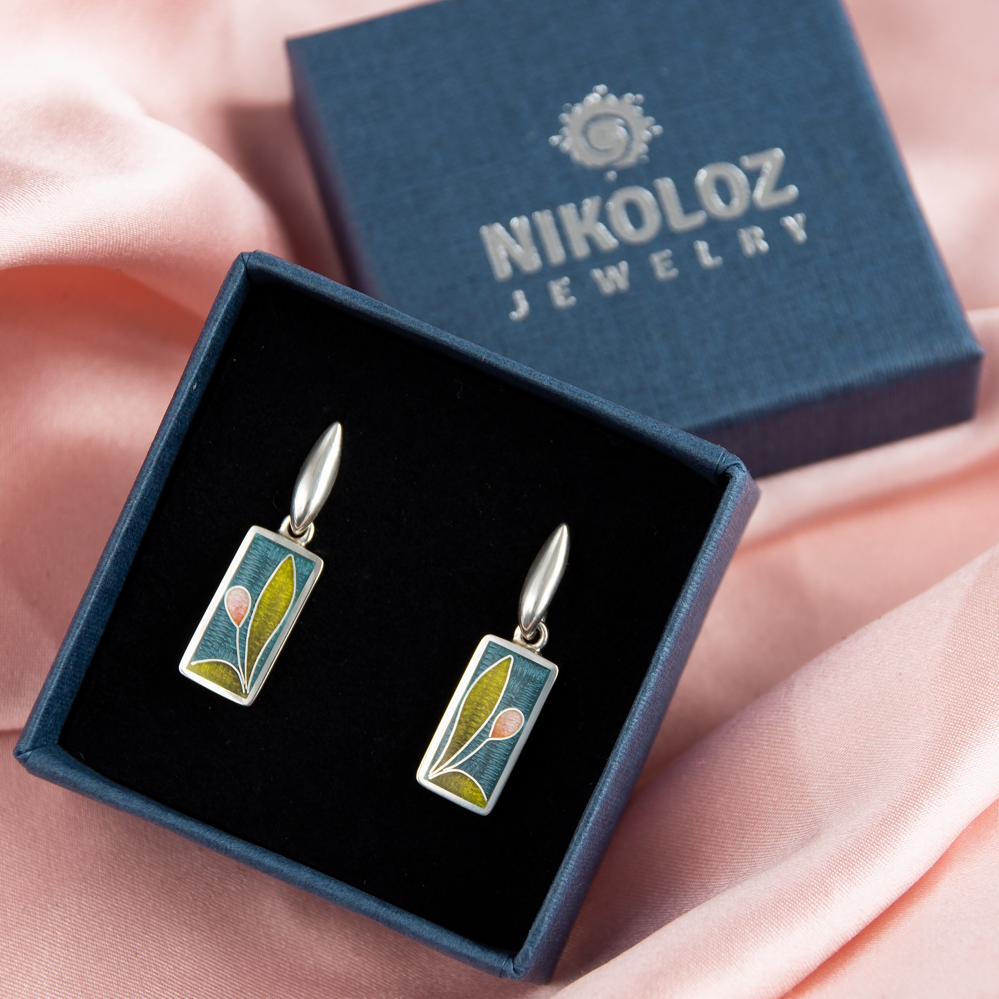 Romantic Cloisonné Enamel, Silver and Rose Pearl Earrings "Tulips"