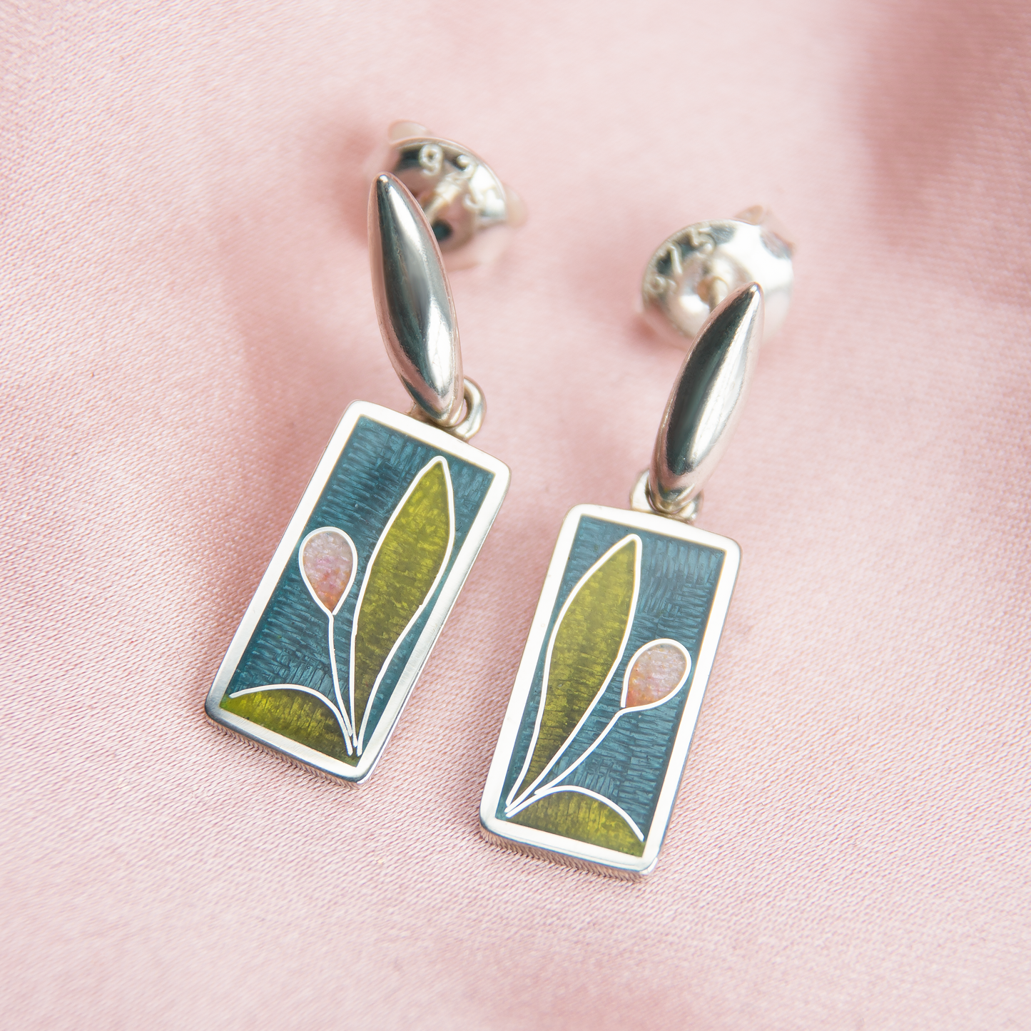 Romantic Cloisonné Enamel, Silver and Rose Pearl Earrings "Tulips"