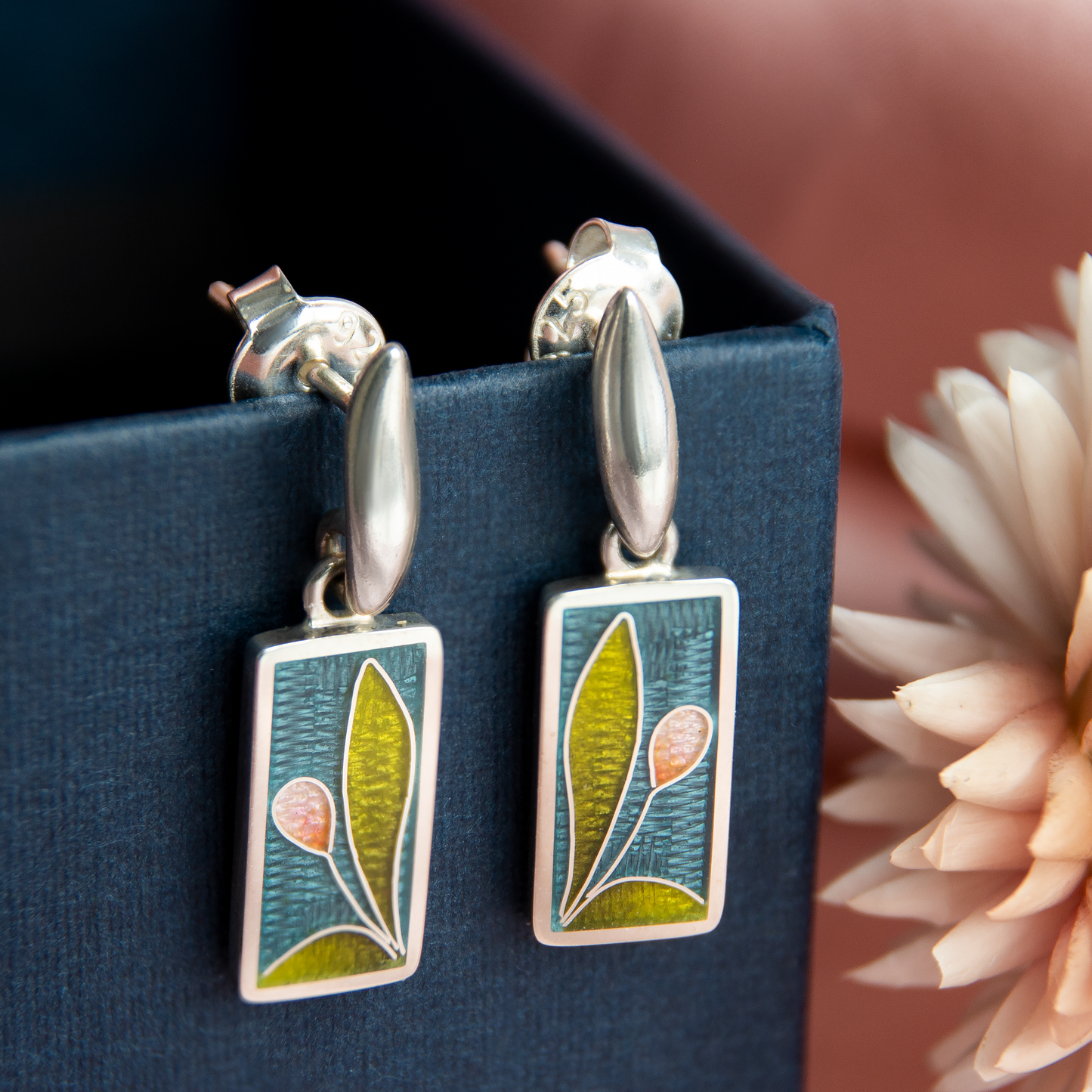 Romantic Cloisonné Enamel, Silver and Rose Pearl Earrings "Tulips"