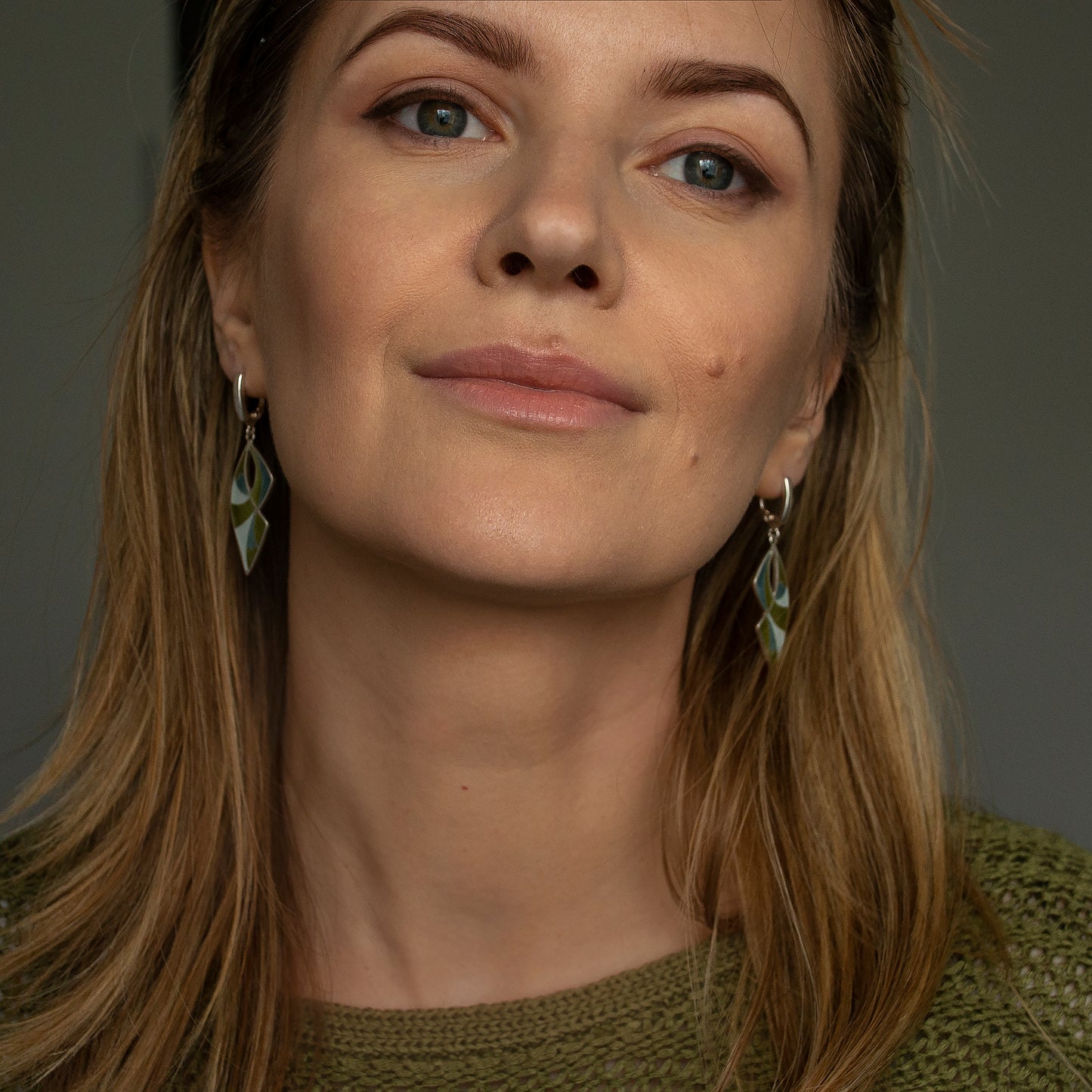 Khaki Long Drop Cloisonné Enamel Earrings