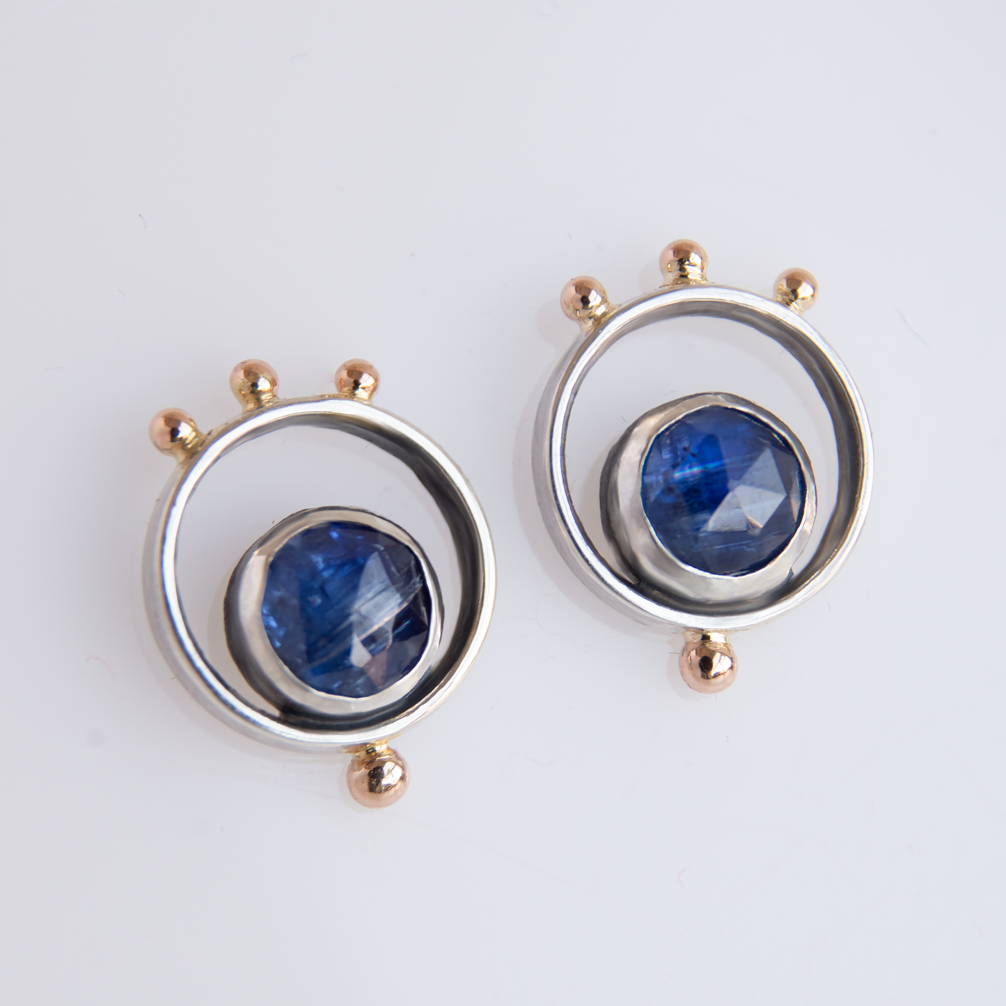 Minimalistic Silver Earrings with 14K Gold beads and Blue Kyanite stones