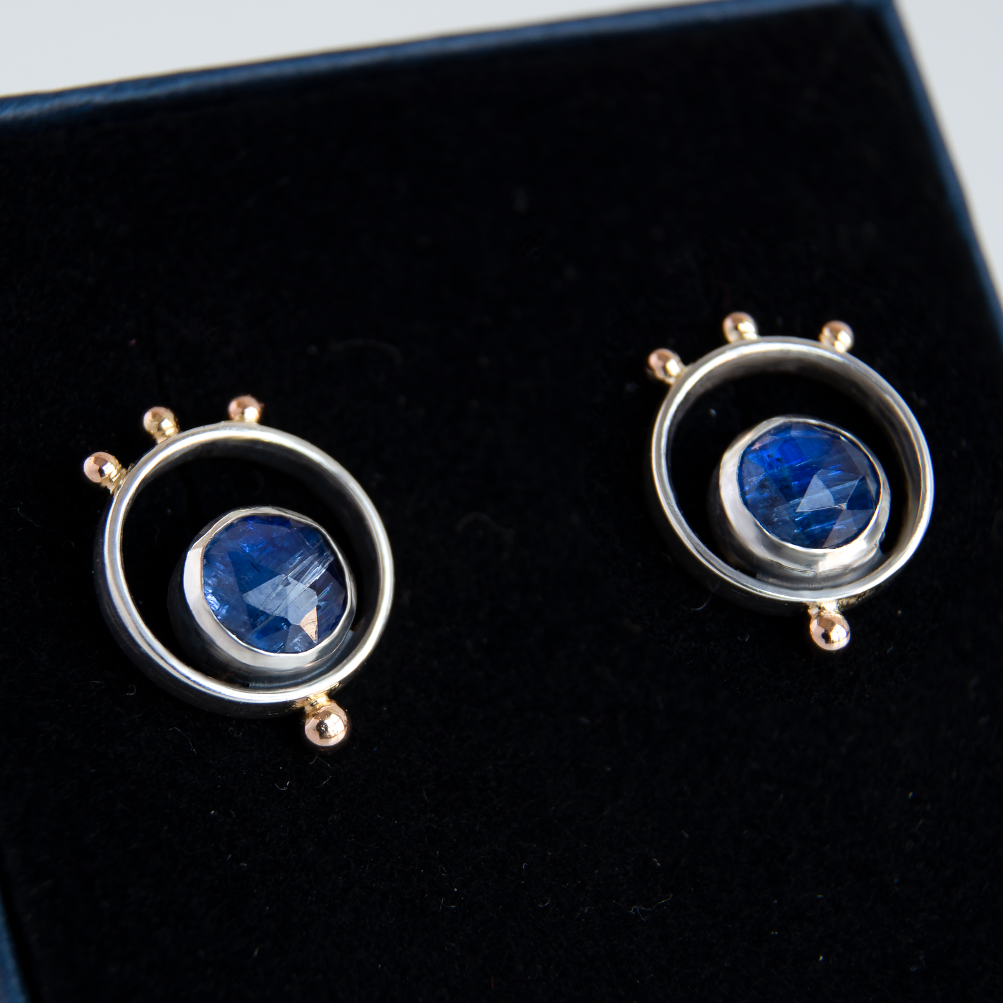 Minimalisti Silver Studs with 14K Gold beads and Blue Kyanite stones