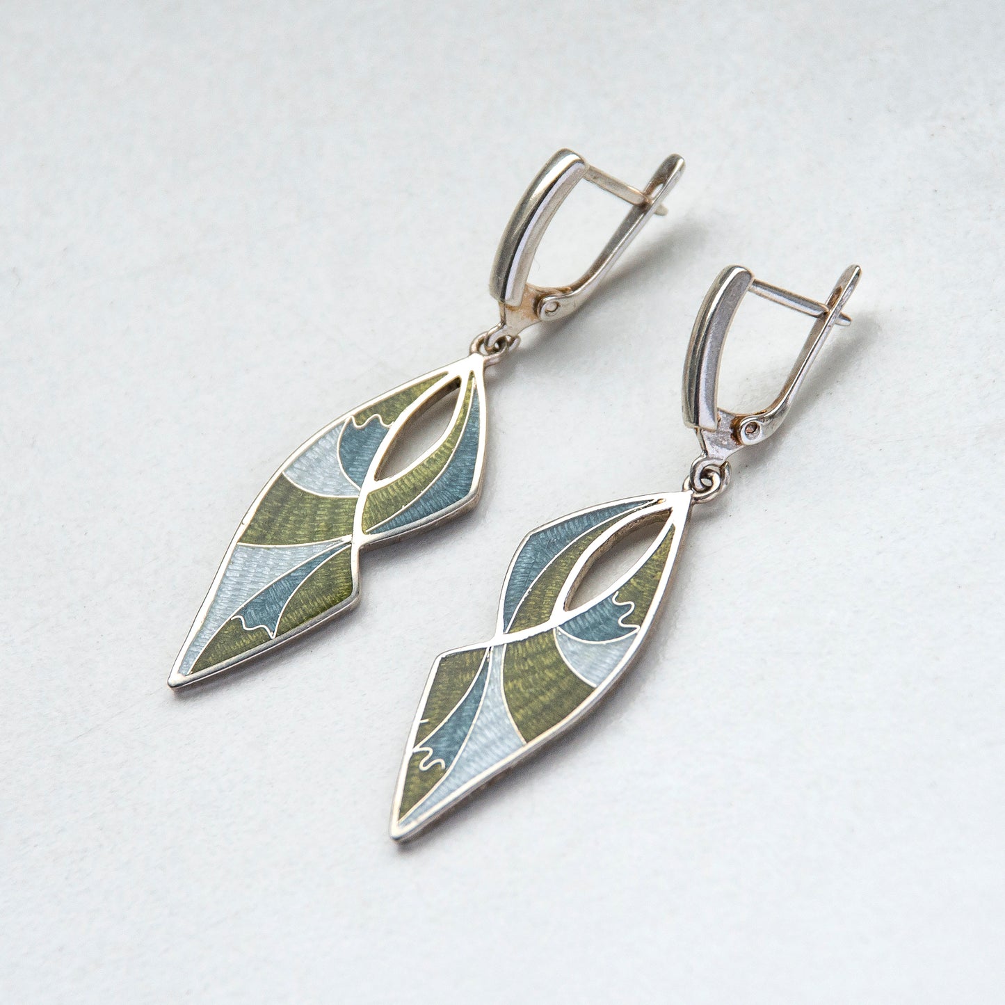 Khaki Long Drop Cloisonné Enamel Earrings