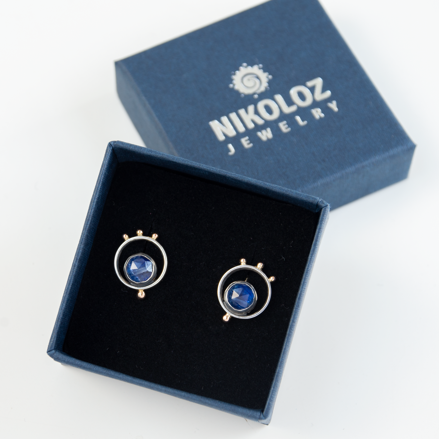 Minimalistic Silver Earrings with 14K Gold beads and Blue Kyanite stones