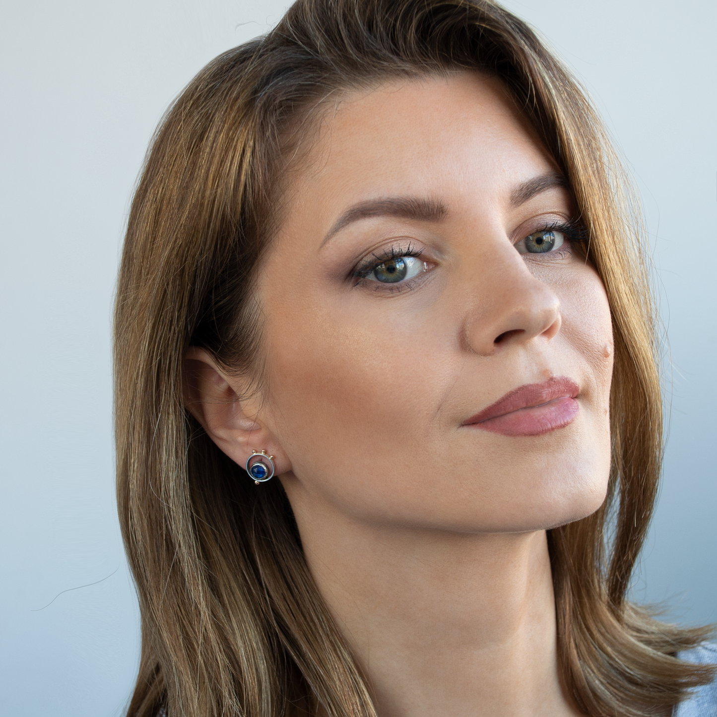 Minimalisti Silver Studs with 14K Gold beads and Blue Kyanite stones