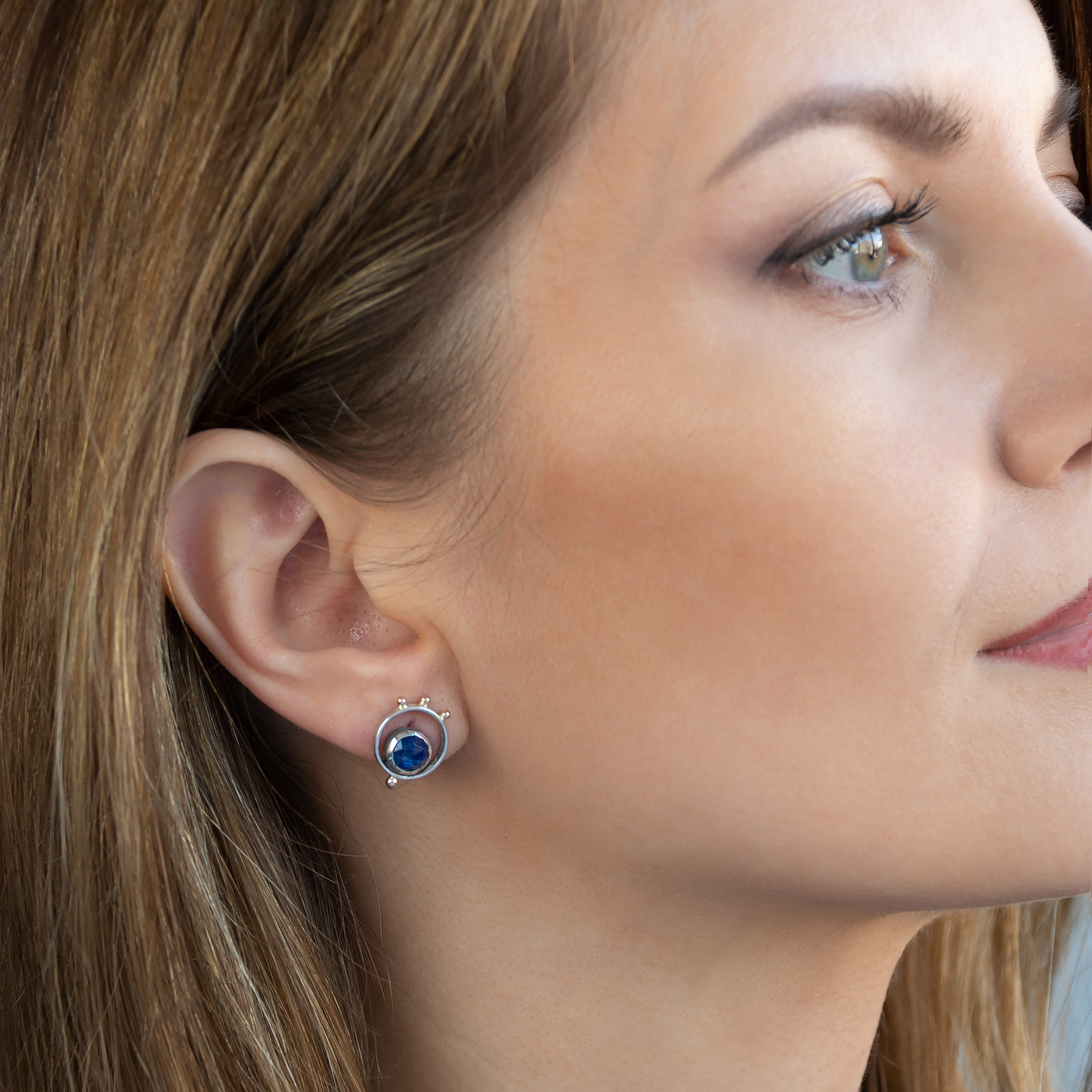 Minimalisti Silver Studs with 14K Gold beads and Blue Kyanite stones