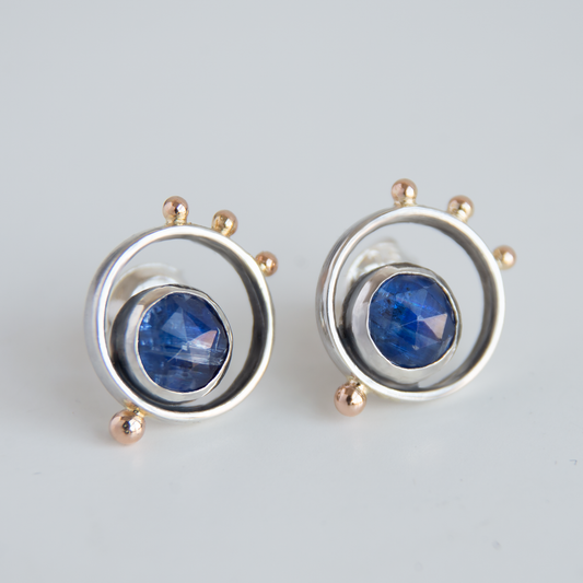 Minimalistic Silver Earrings with 14K Gold beads and Blue Kyanite stones