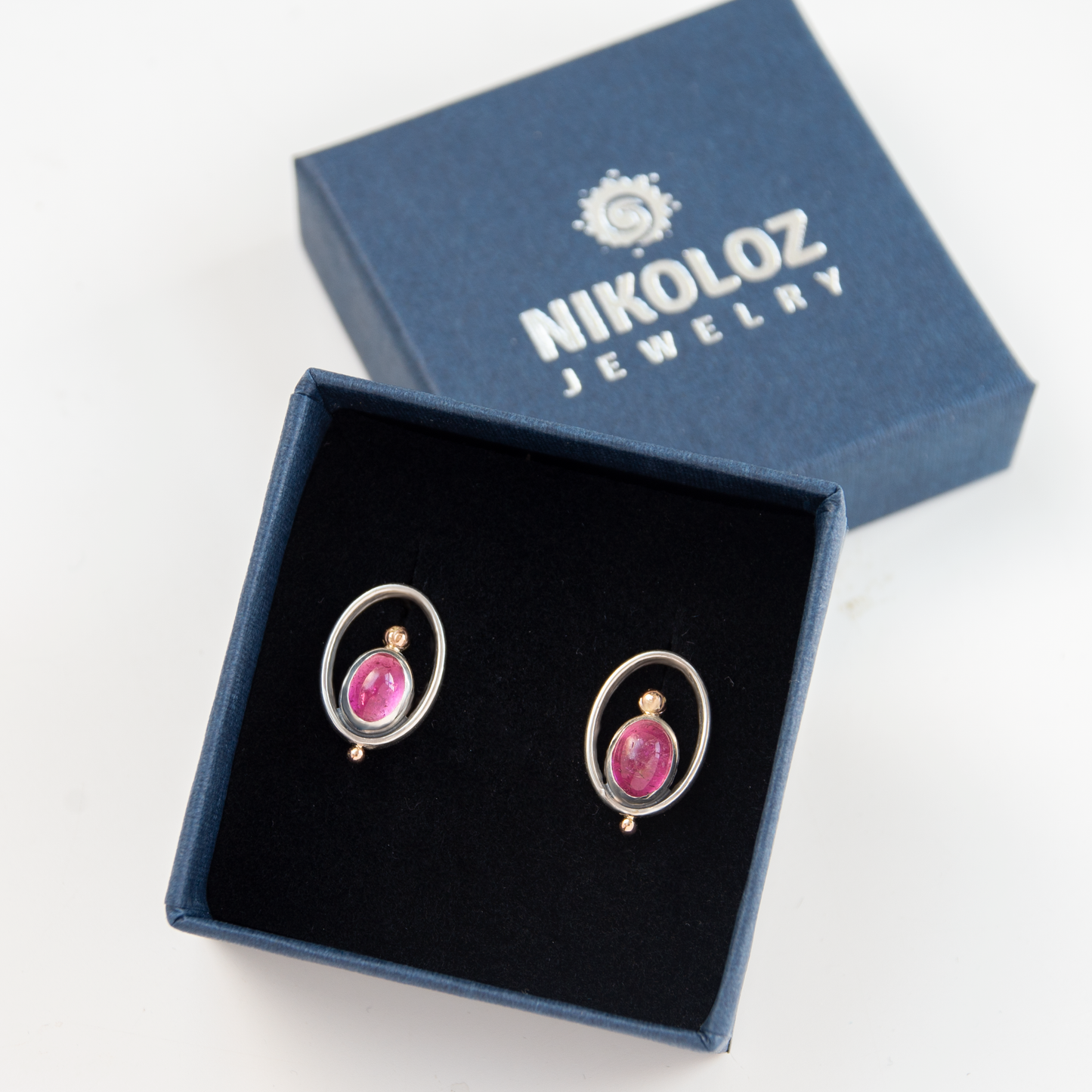 Minimalistic Rose Tourmaline, Sterling Silver, Frame Earrings With Gold Beads