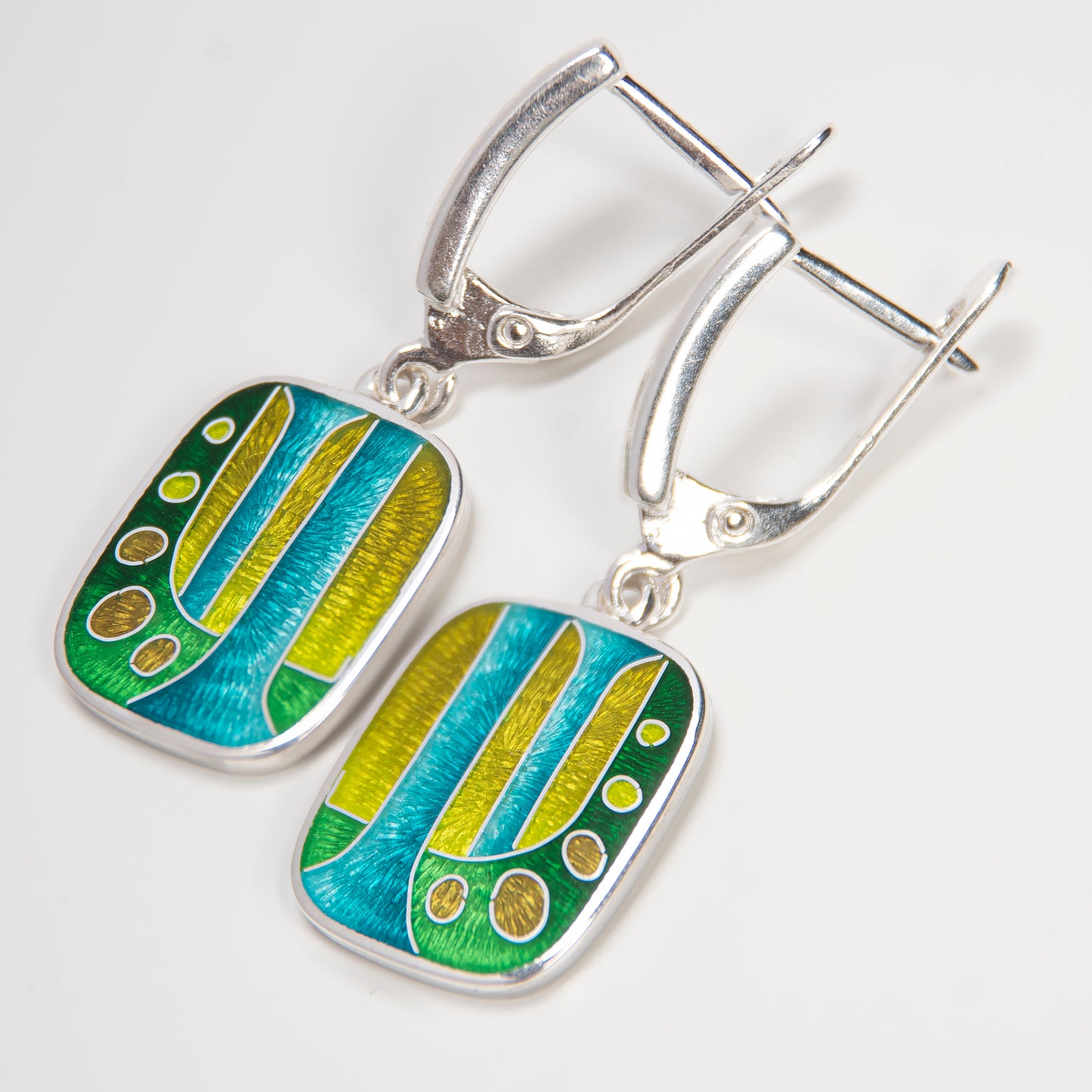 Enamel Earrings, Abstract Green-Yellow Cloisonné  Enamel Earrings