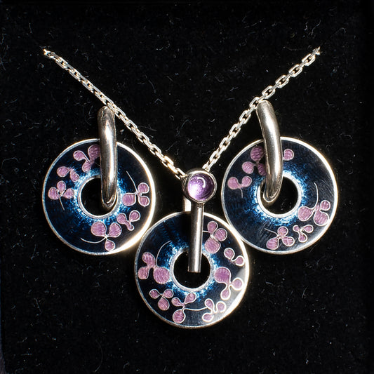 Cloisonné Enamel, Amethyst, Jewelry Set-Pendant and Earrings "Sakura at Night"