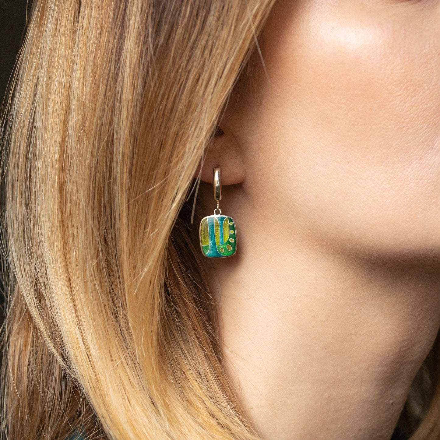 Enamel Earrings, Abstract Green-Yellow Cloisonné  Enamel Earrings
