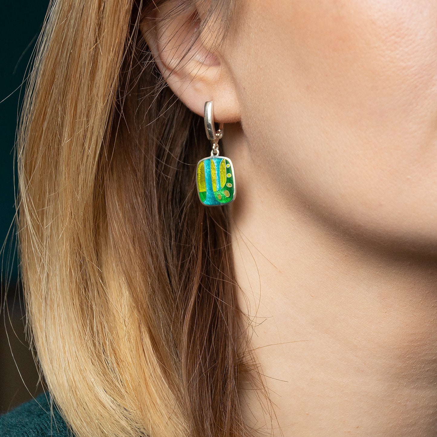Enamel Earrings, Abstract Green-Yellow Cloisonné  Enamel Earrings