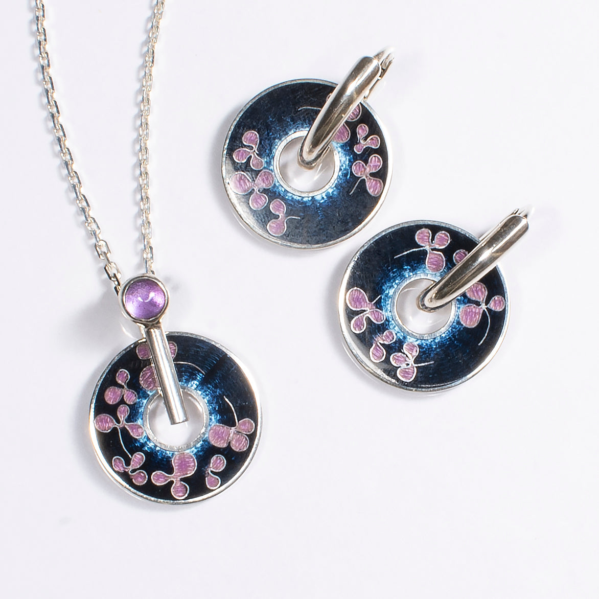 Cloisonné Enamel, Amethyst, Jewelry Set-Pendant and Earrings "Sakura at Night"