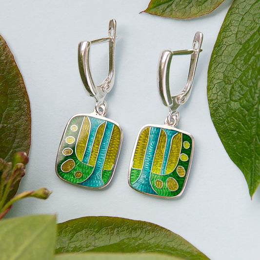 Abstract Green-Yellow Cloisonné  Enamel Earrings