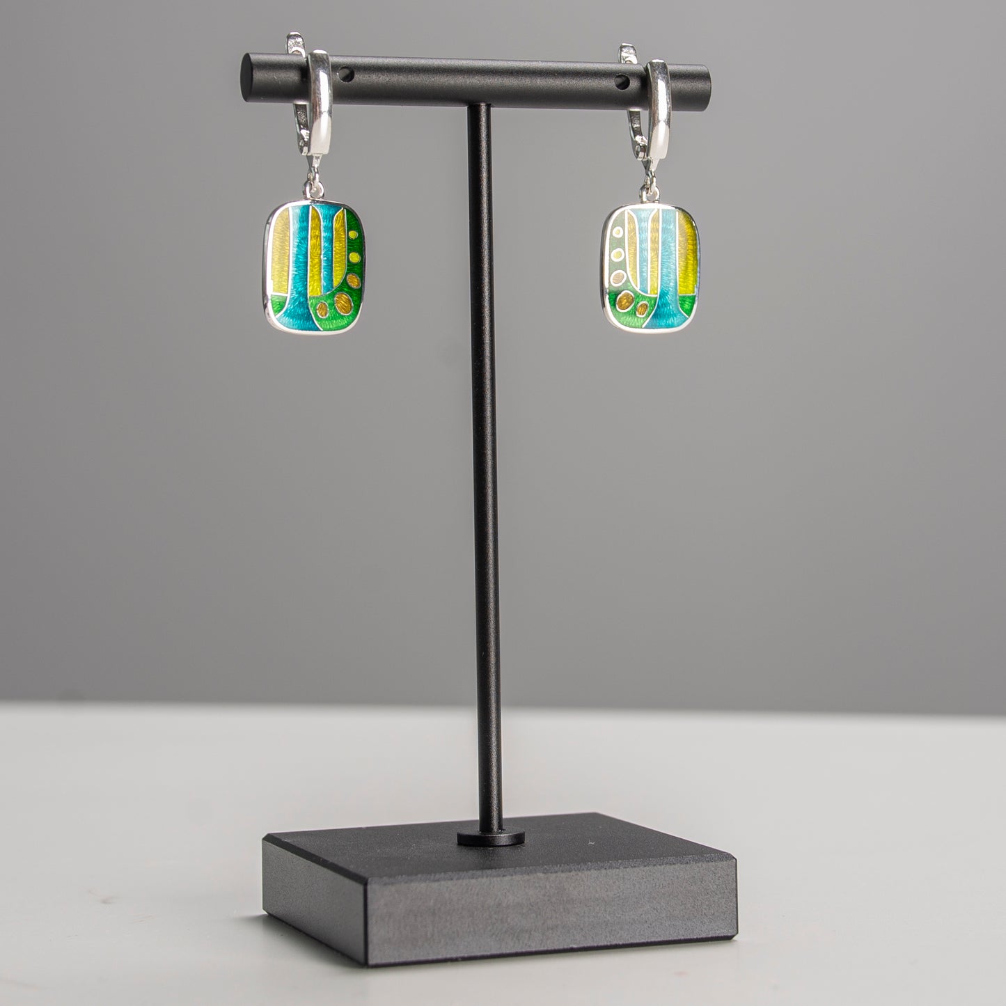 Enamel Earrings, Abstract Green-Yellow Cloisonné  Enamel Earrings
