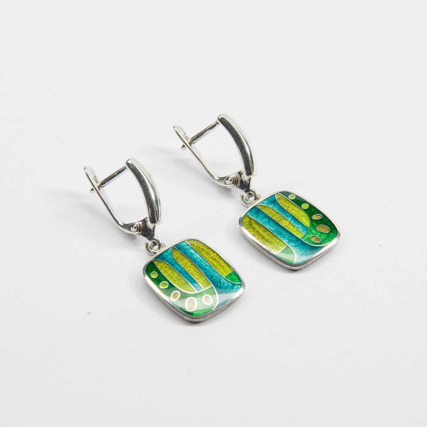 Enamel Earrings, Abstract Green-Yellow Cloisonné  Enamel Earrings