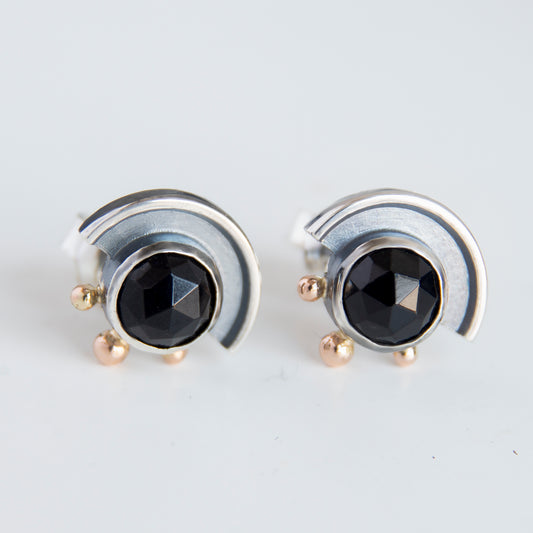 Semicircle Earrings With Gold Beads And Black Onyx