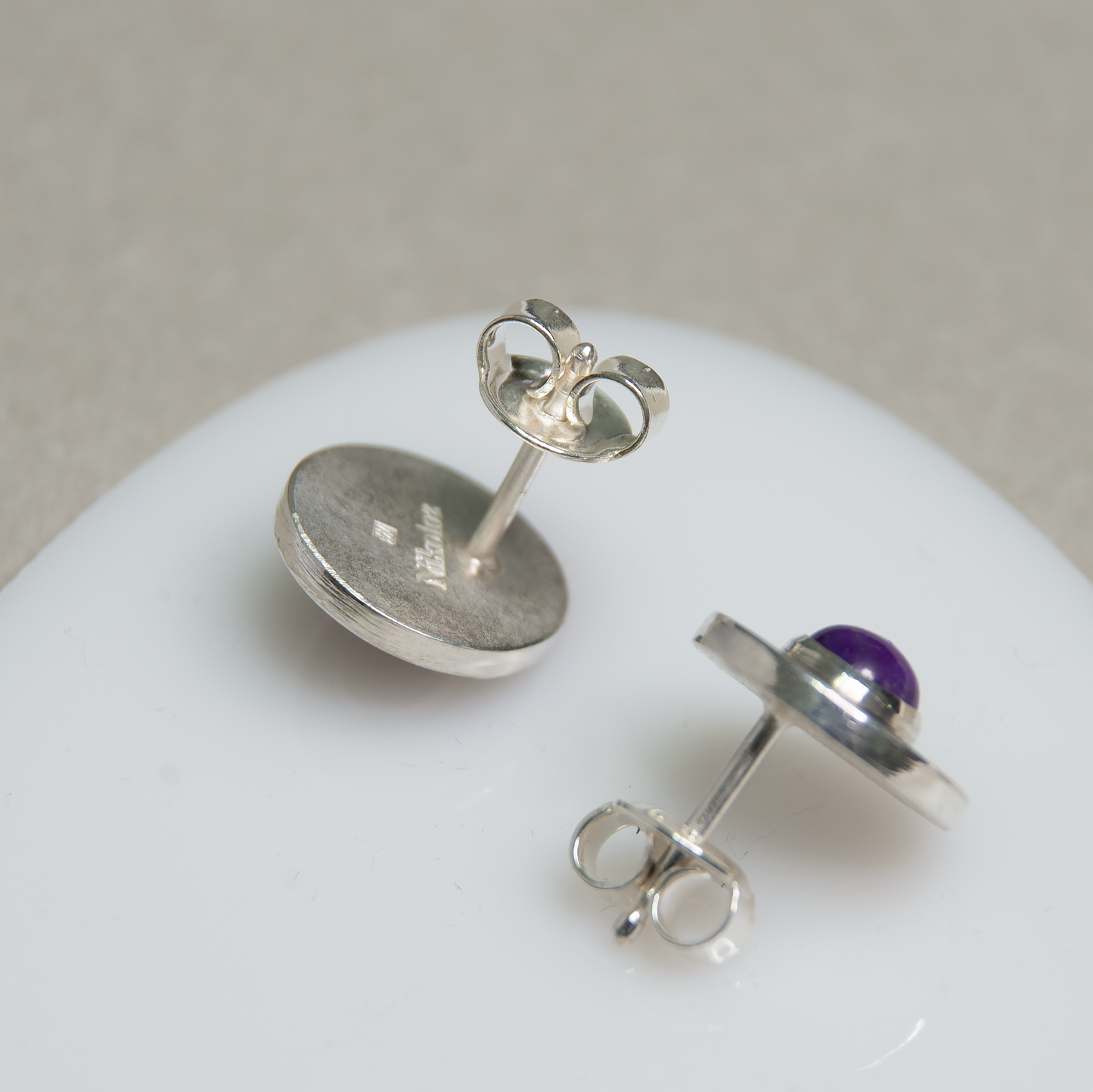 Round Circle Minimalist, Oxidized Silver Earrings With Amethyst Stone