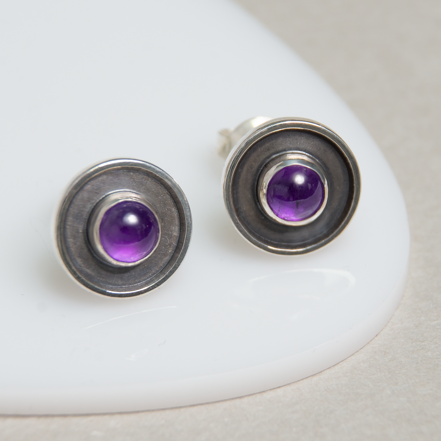 Round Circle Minimalist, Oxidized Silver Earrings With Amethyst Stone