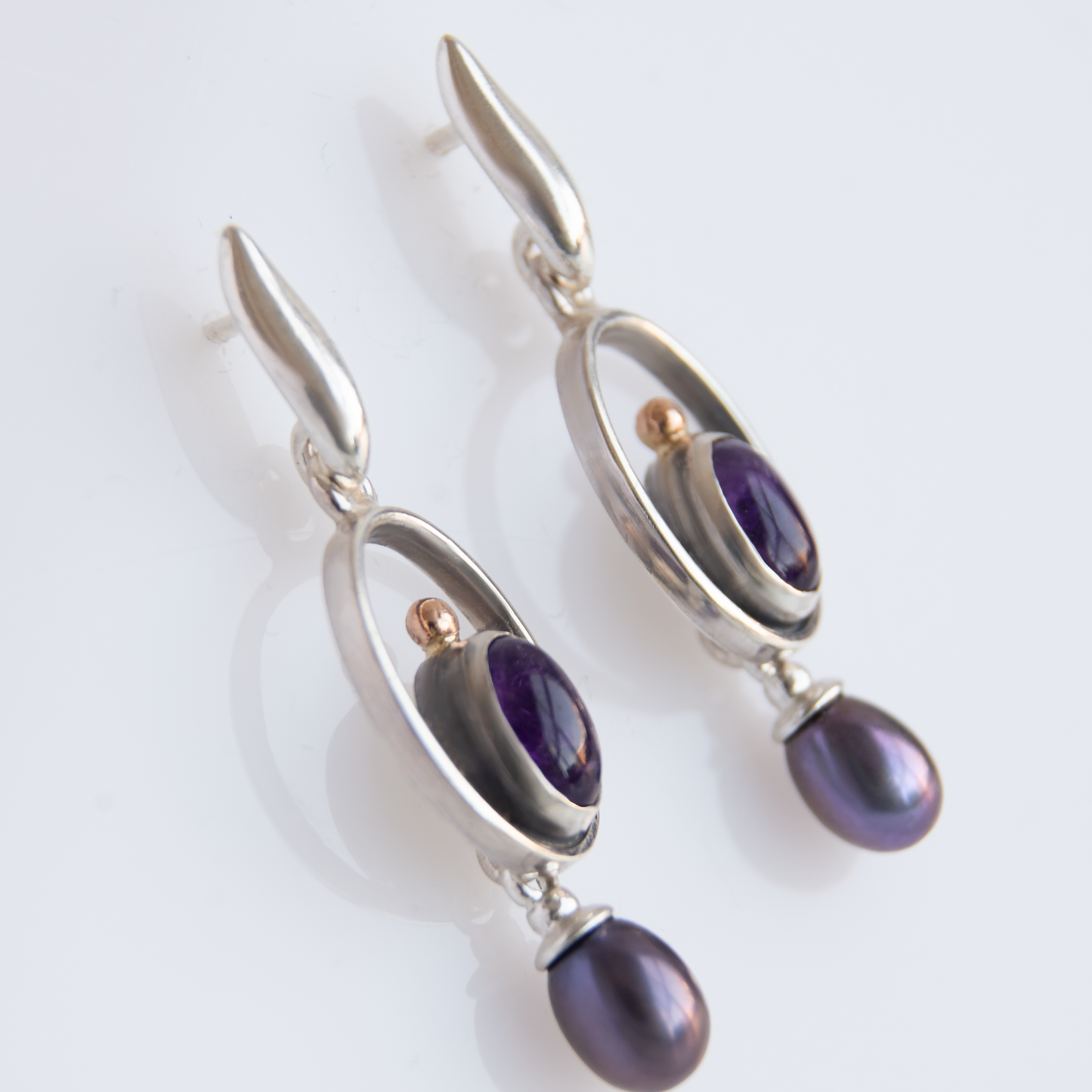 Drop Oval Frame Earrings With Amethyst and Peacock Pearls