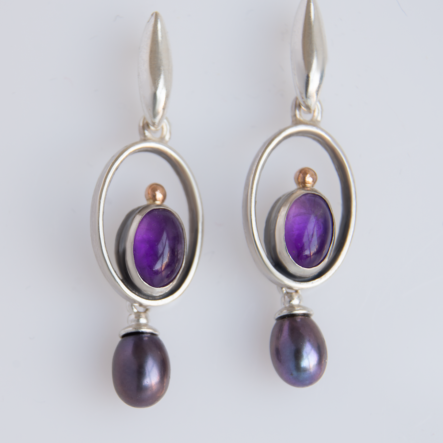 Drop Oval Frame Earrings With Amethyst and Peacock Pearls