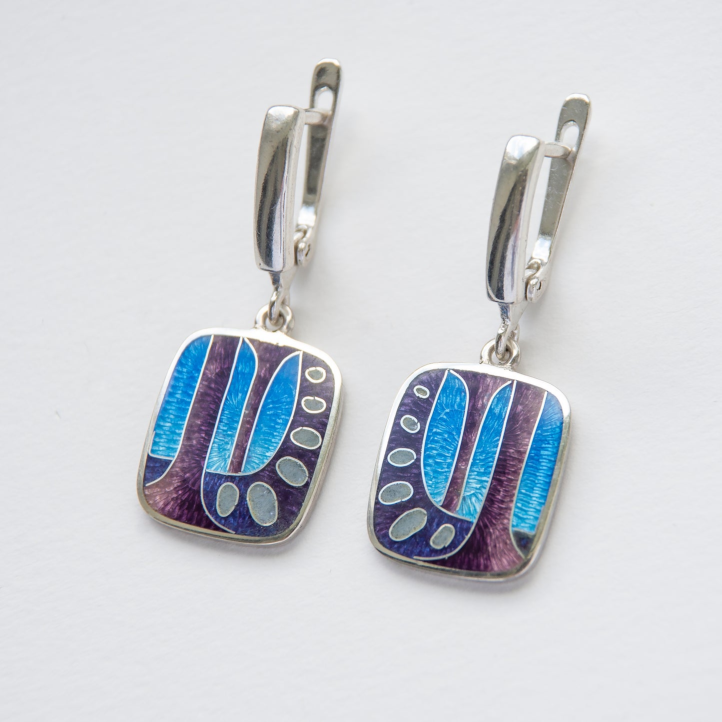 Abstract Blue-Violet Cloisonné Enamel and Sterling Silver Earrings