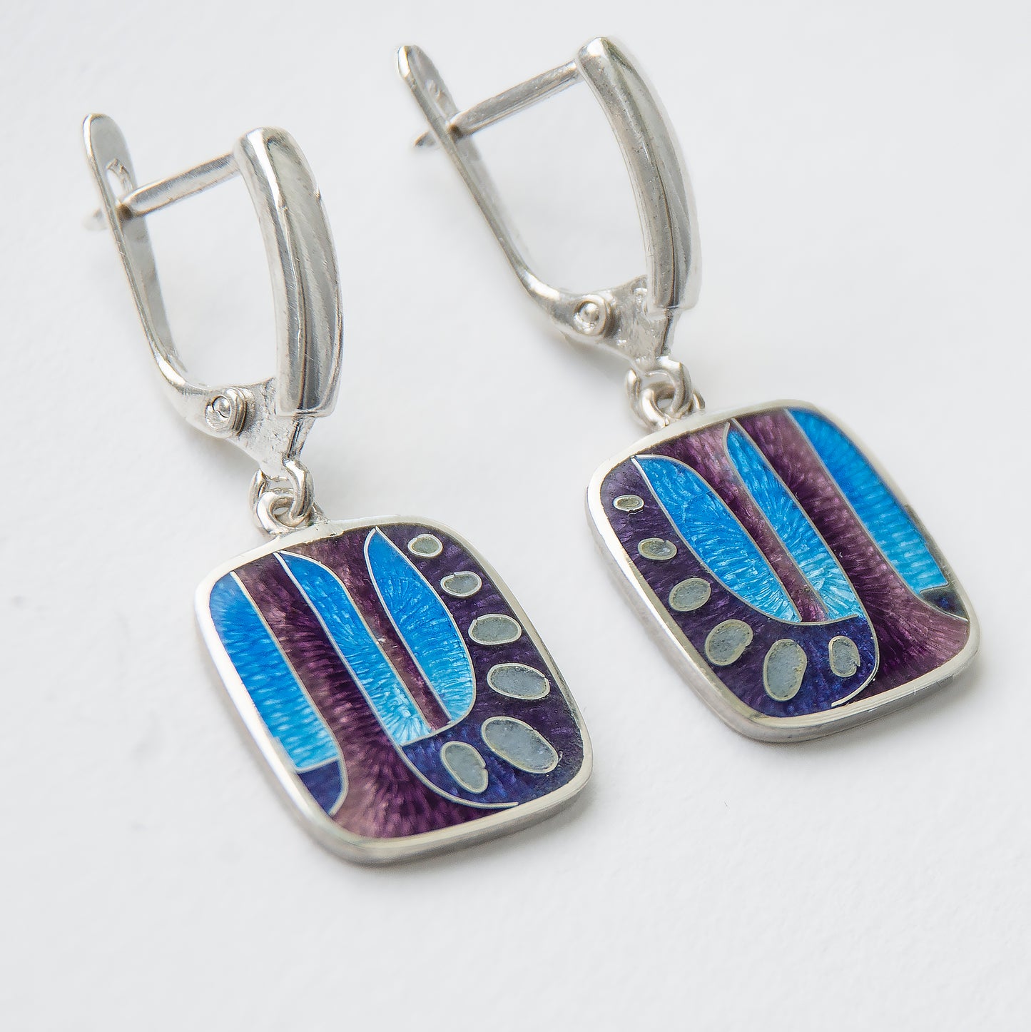 Abstract Blue-Violet Cloisonné Enamel and Sterling Silver Earrings