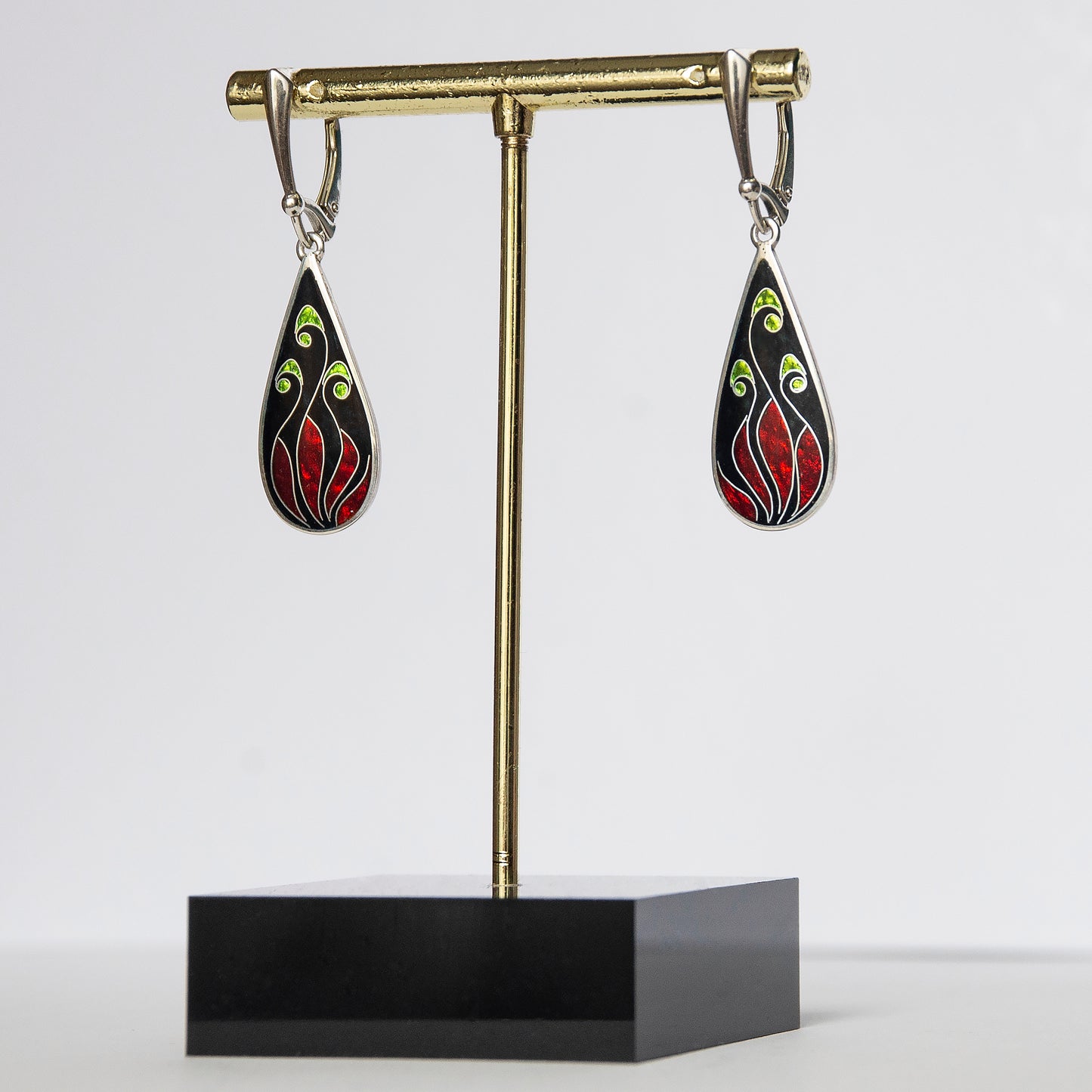 Cloisonné Enamel Black & Red Drop Earrings "Fire Flowers"