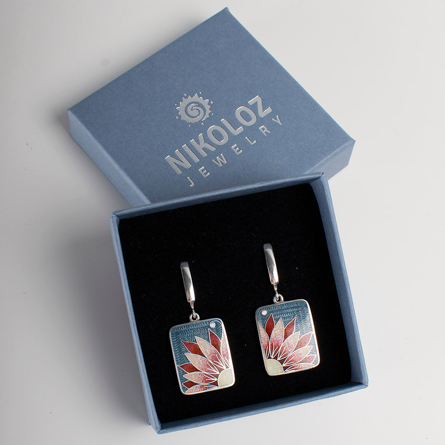 Cloisonné Enamel, Sterling Silver, Pink Aster Flower Earrings