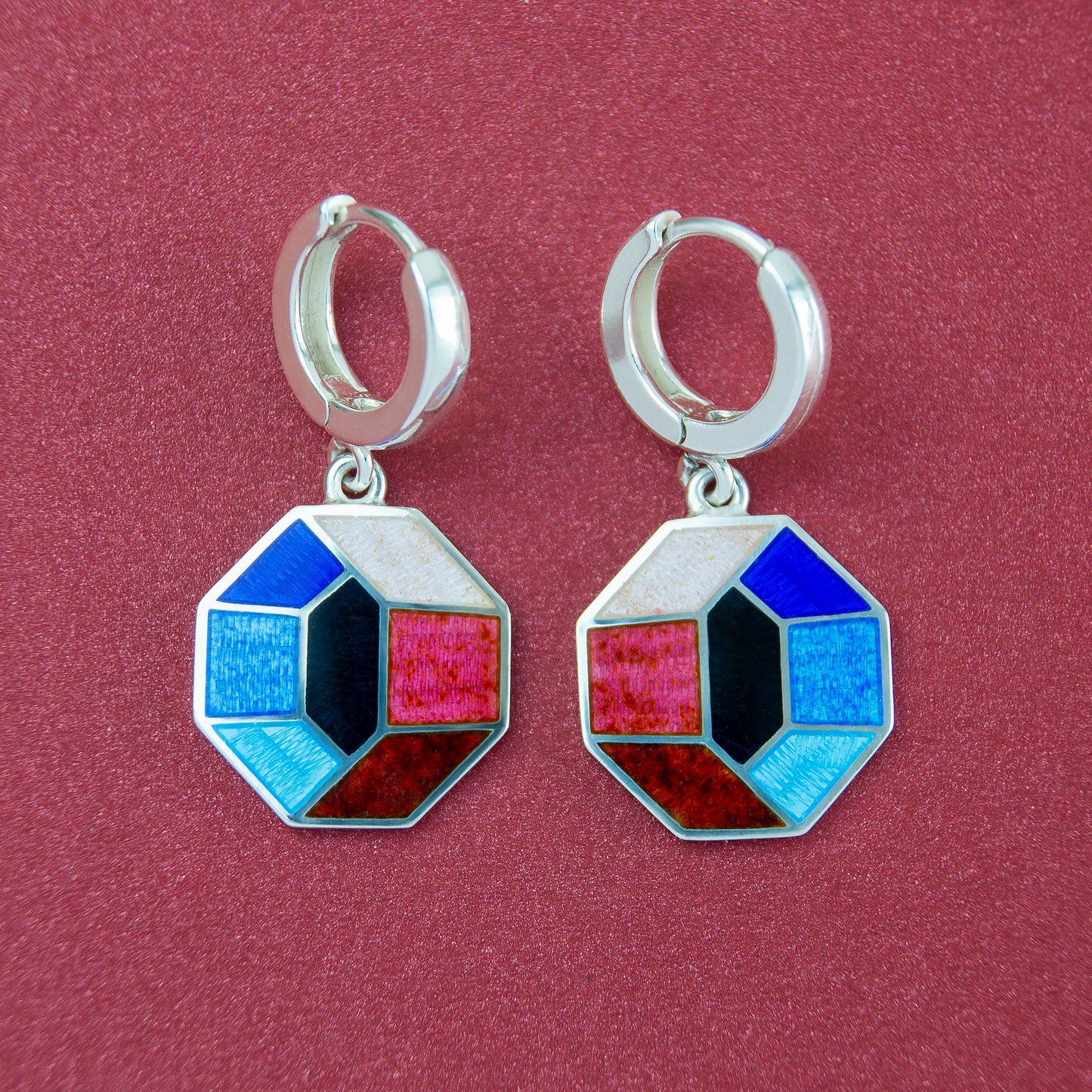 Multicolor Octagon Cloisonné Enamel, Silver Earrings