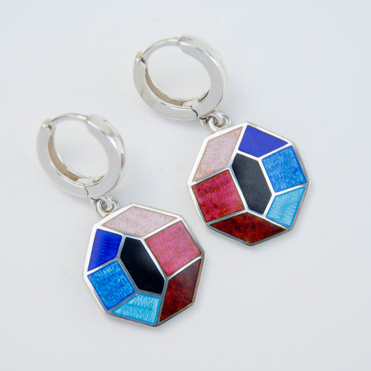 Multicolor Octagon Cloisonné Enamel, Silver Earrings