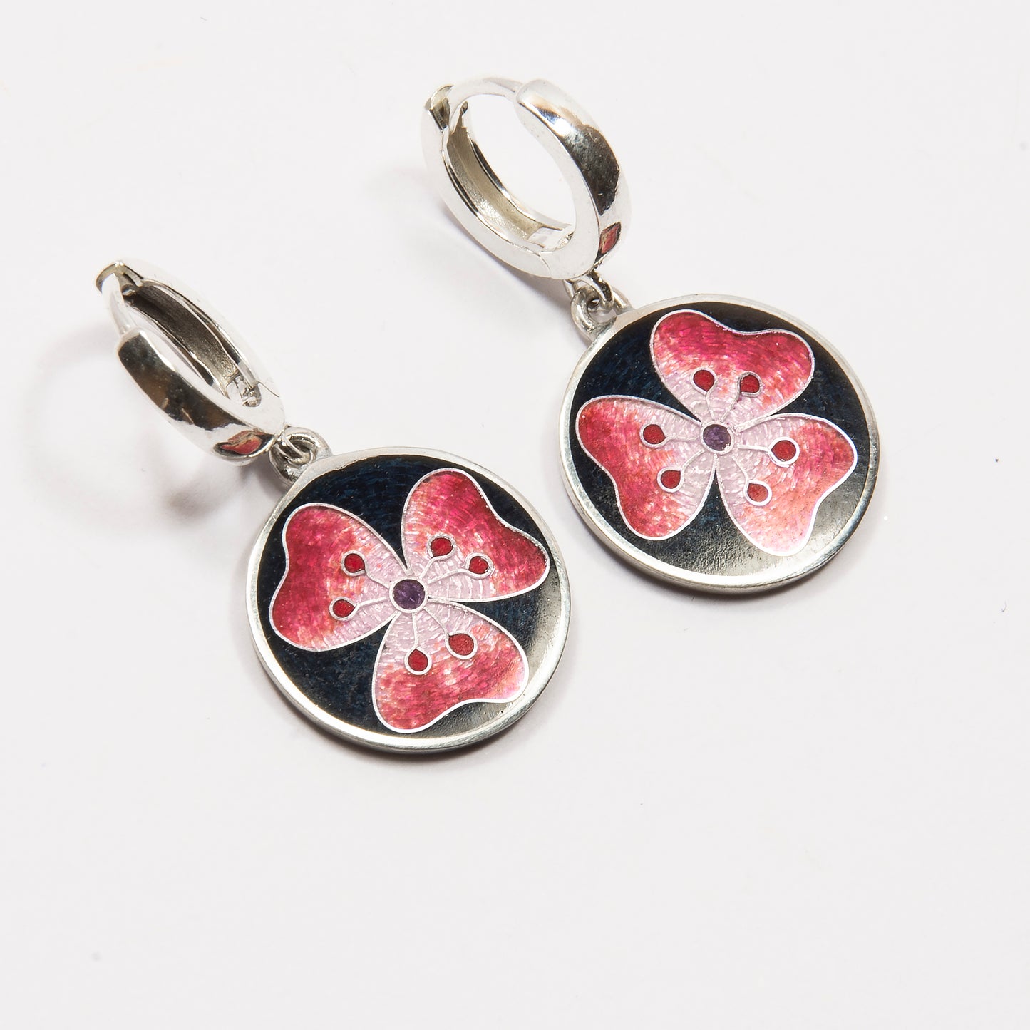 Red Hibiscus Cloisonné Enamel Earrings