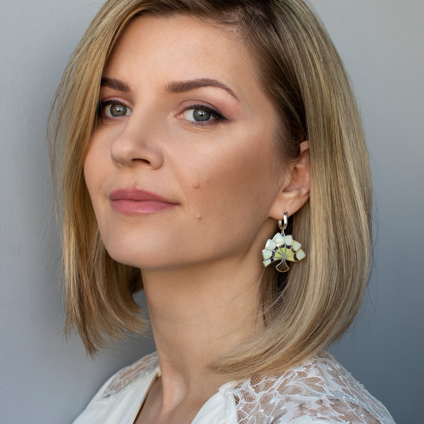 Fan Shape, Earrings With Gold. Opal Cloisonné Enamel Technique