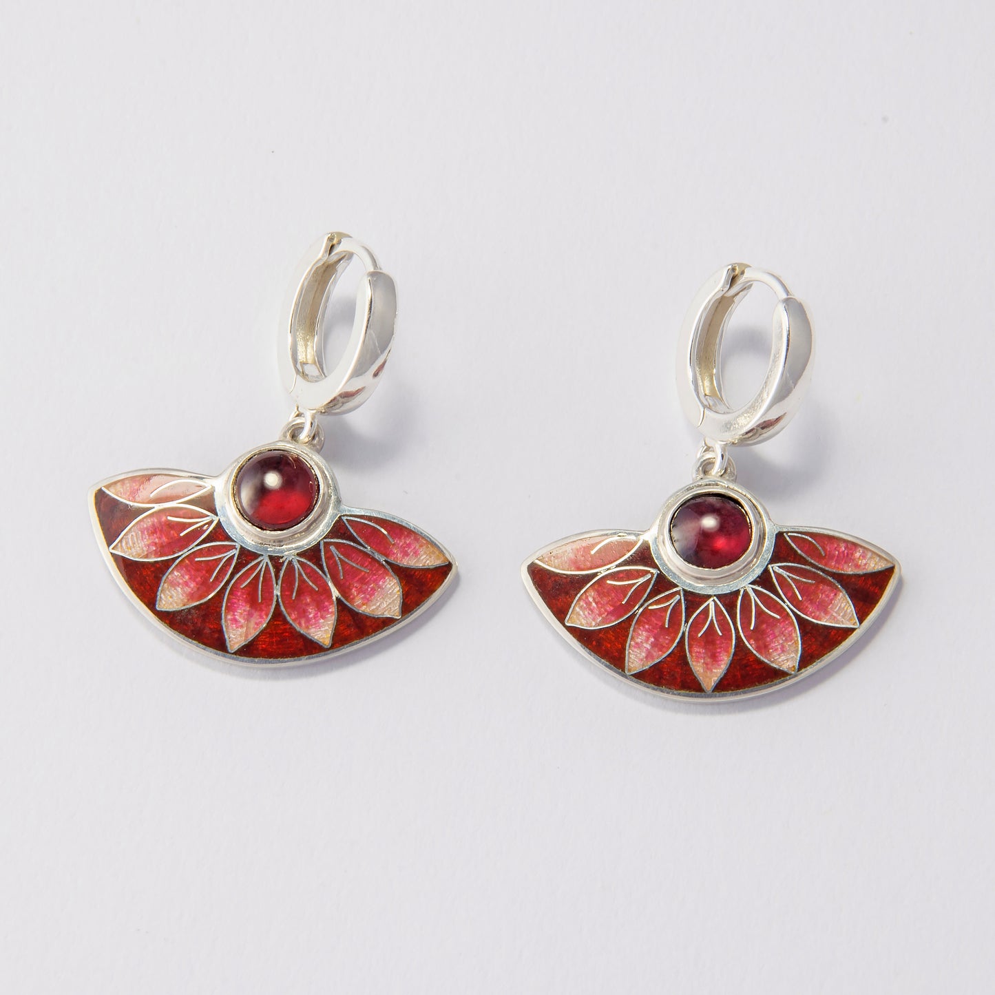 Red Leaves Cloisonné Enamel Earrings With Garnet Stones