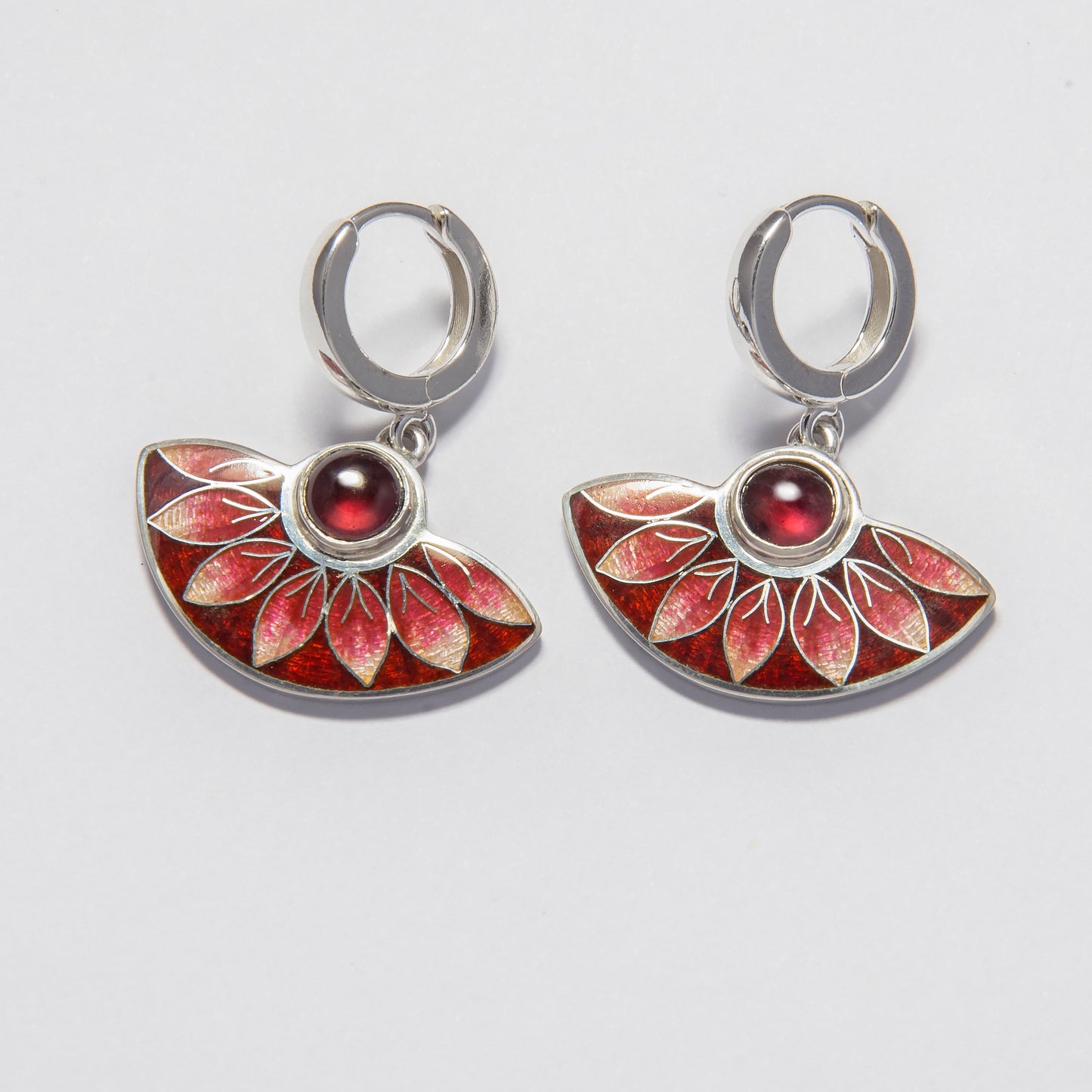 Red Leaves Cloisonné Enamel Earrings With Garnet Stones