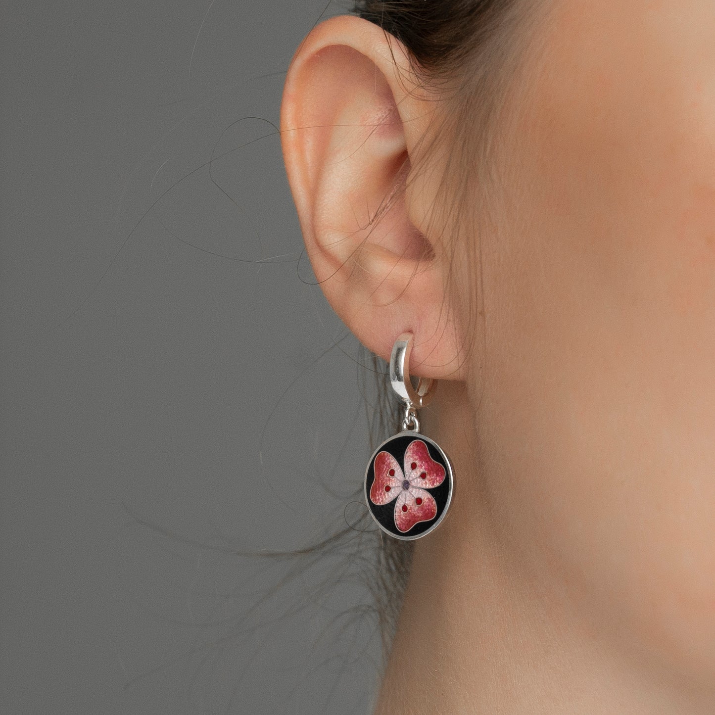 Red Hibiscus Cloisonné Enamel Earrings