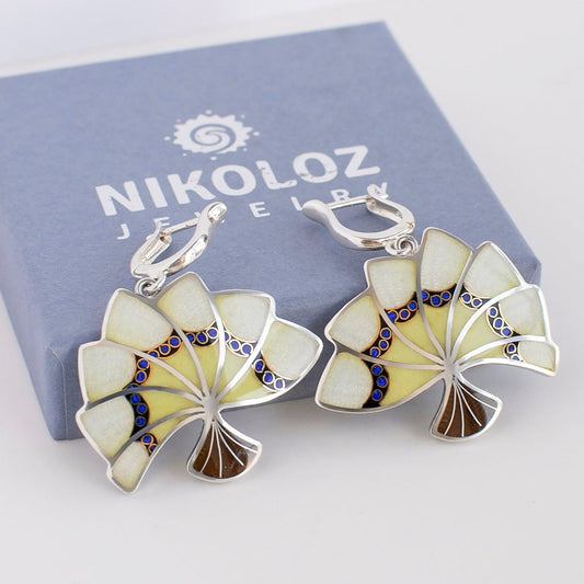 Fan Shape, Earrings With Gold. Opal Cloisonné Enamel Technique
