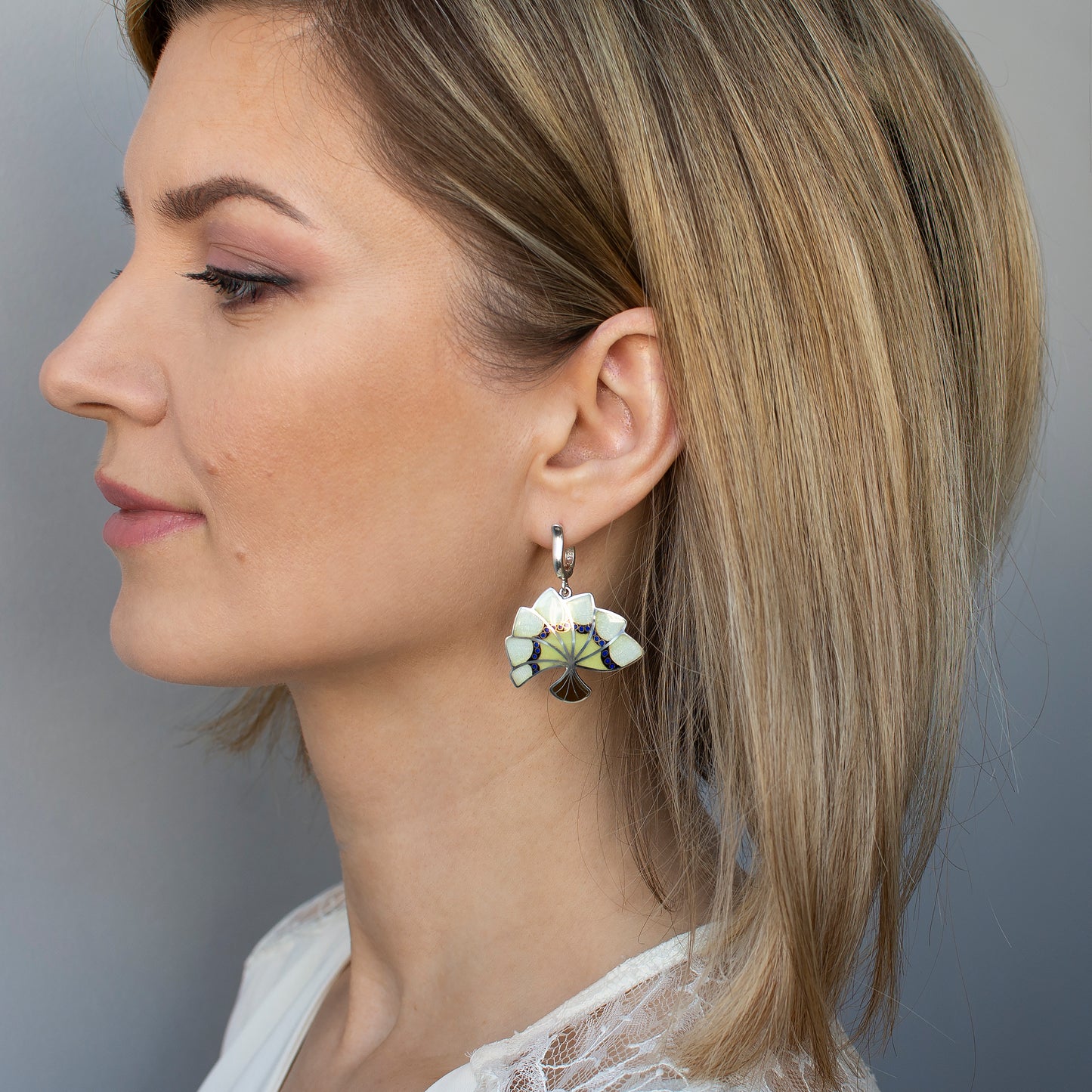 Fan Shape, Earrings With Gold. Opal Cloisonné Enamel Technique