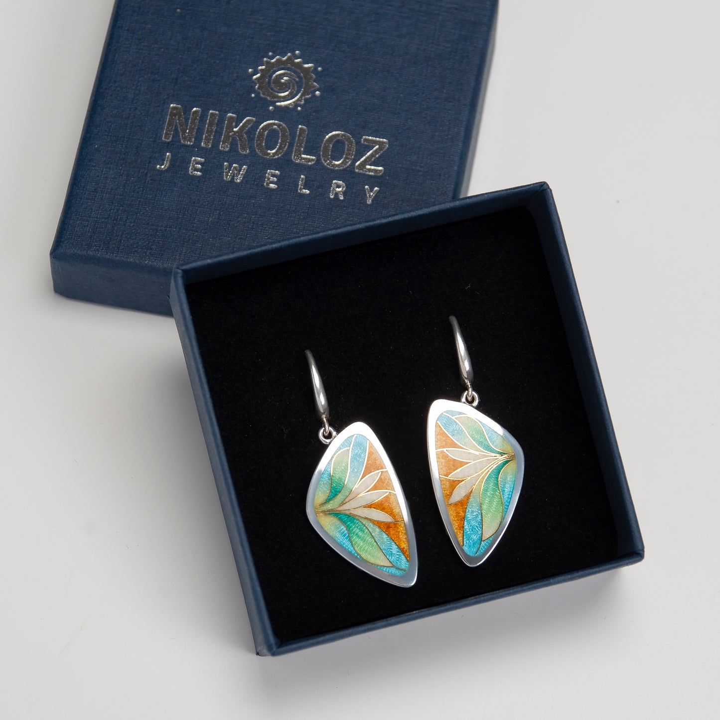 Turquoise Orange Cloisonné Enamel Earrings With Gold Pattern