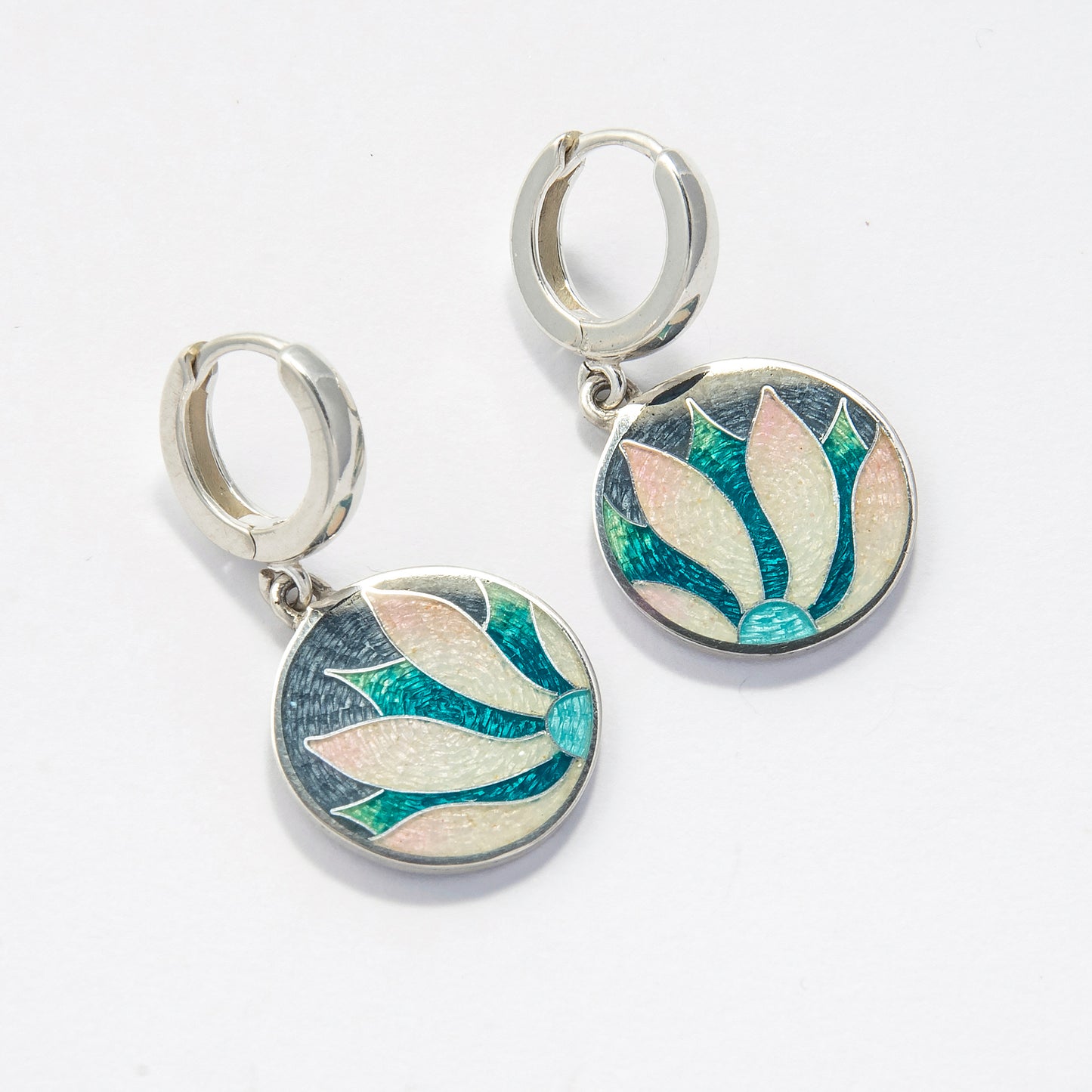 Cloisonné Enamel, Sterling Silver, Round Earrings "Snowdrops"