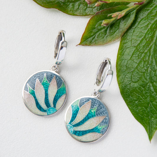Cloisonné Enamel, Sterling Silver, Round Earrings Snowdrops
