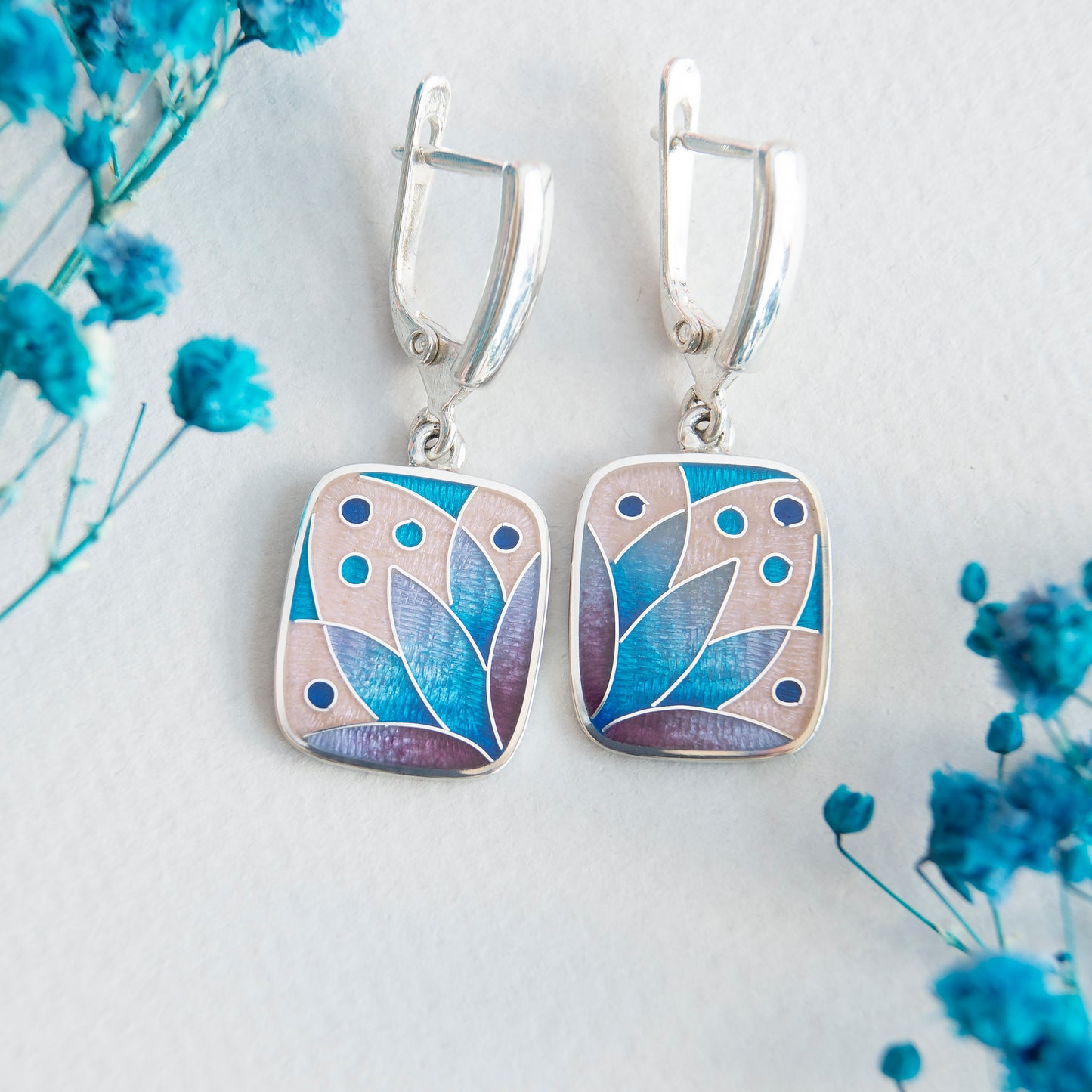 Rose/Blue Lotus Flower Cloisonné Enamel Earrings