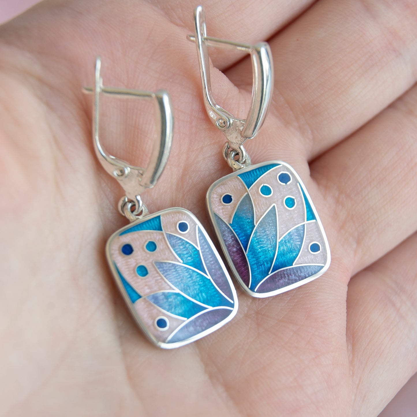 Rose/Blue Lotus Flower Cloisonné Enamel Earrings