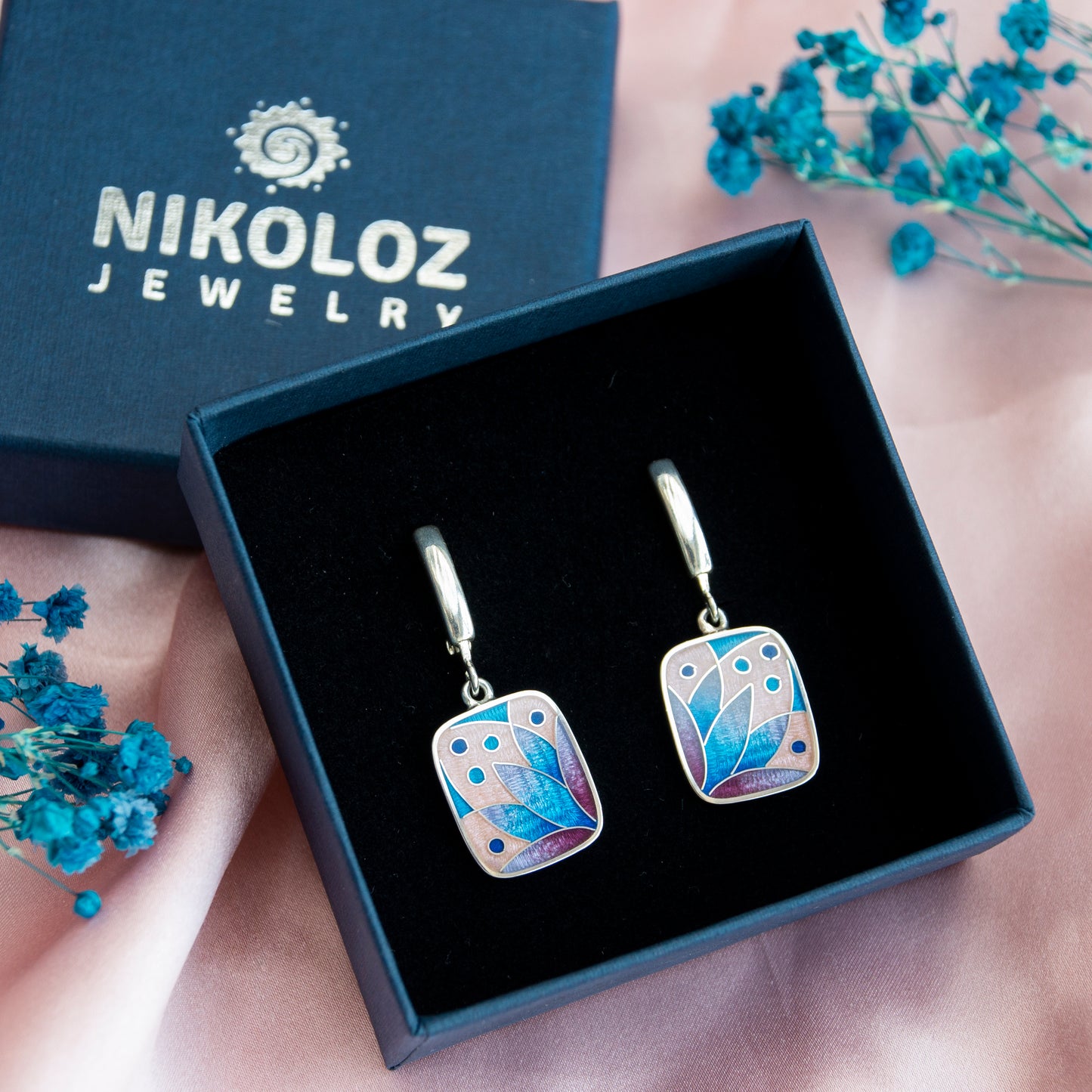 Rose/Blue Lotus Flower Cloisonné Enamel Earrings