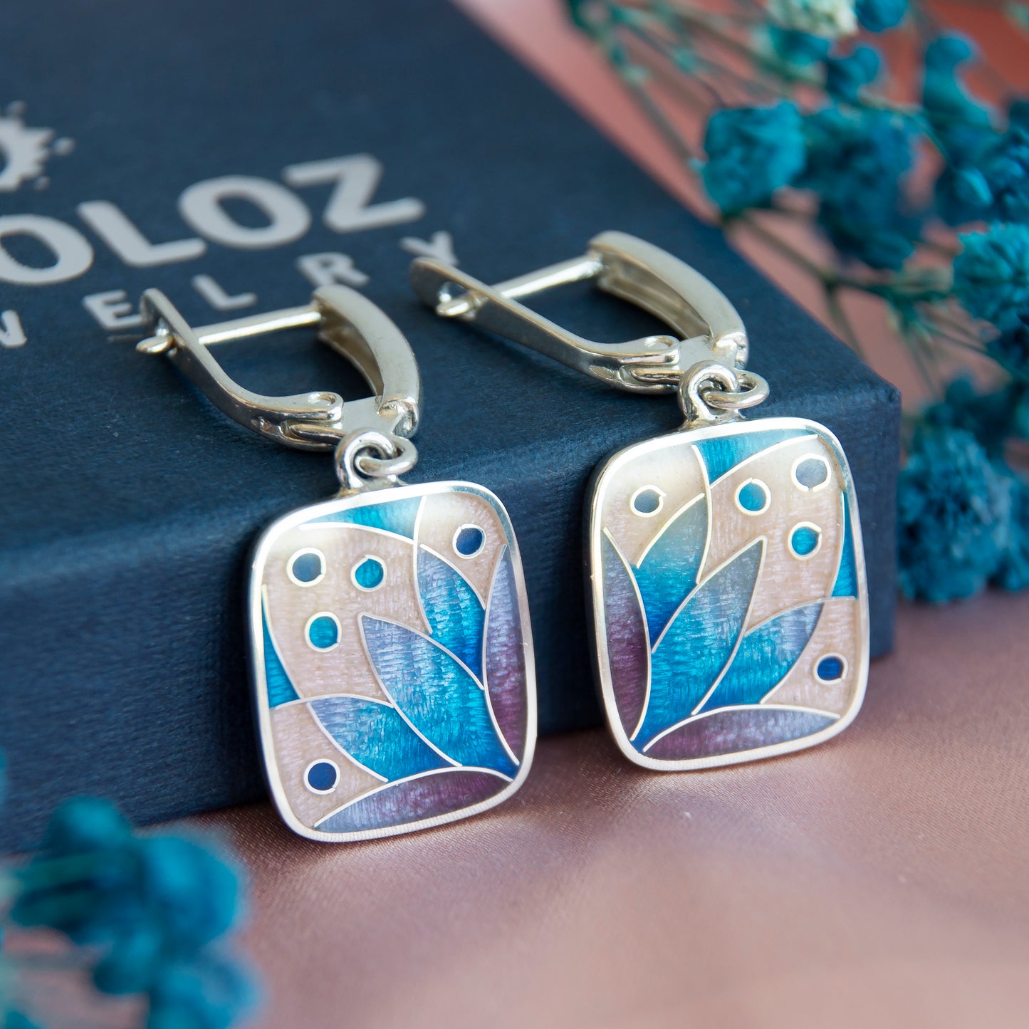 Rose/Blue Lotus Flower Cloisonné Enamel Earrings