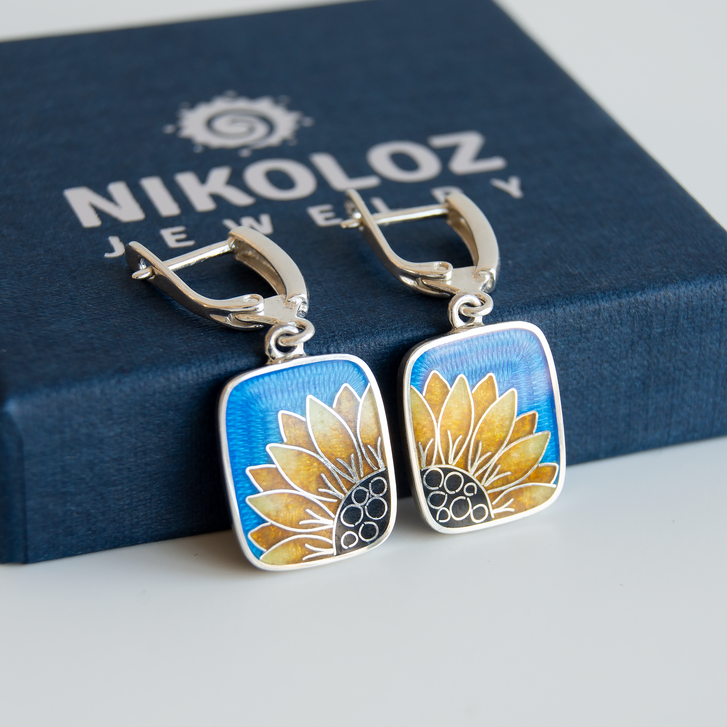 Cloisonné Enamel, Sterling Silver Earrings "Sunflower"