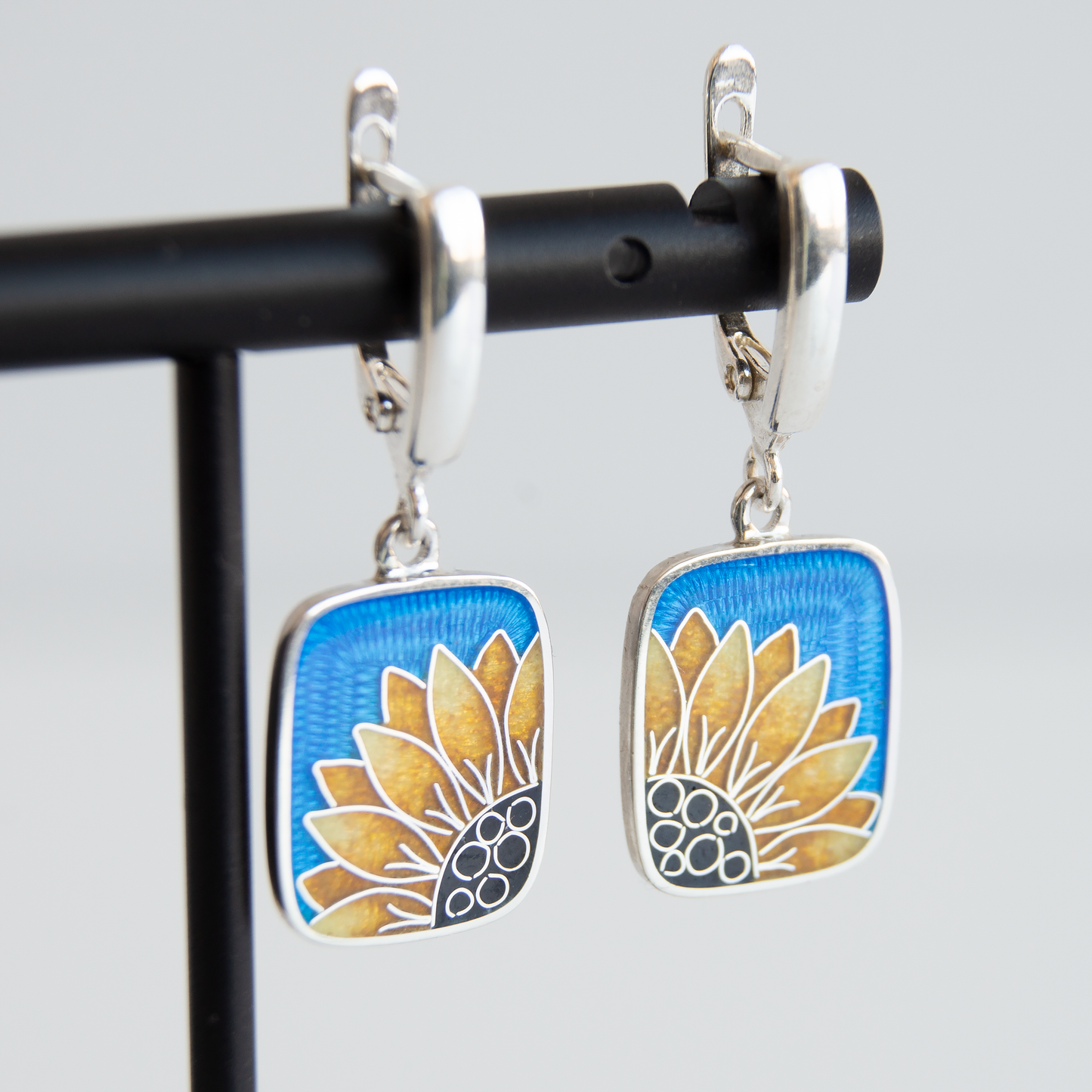 Cloisonné Enamel, Sterling Silver Earrings "Sunflower"