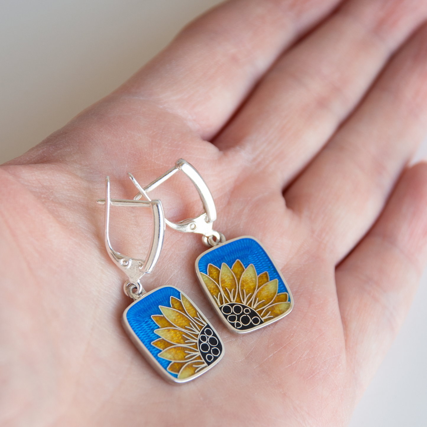 Cloisonné Enamel, Sterling Silver Earrings "Sunflower"